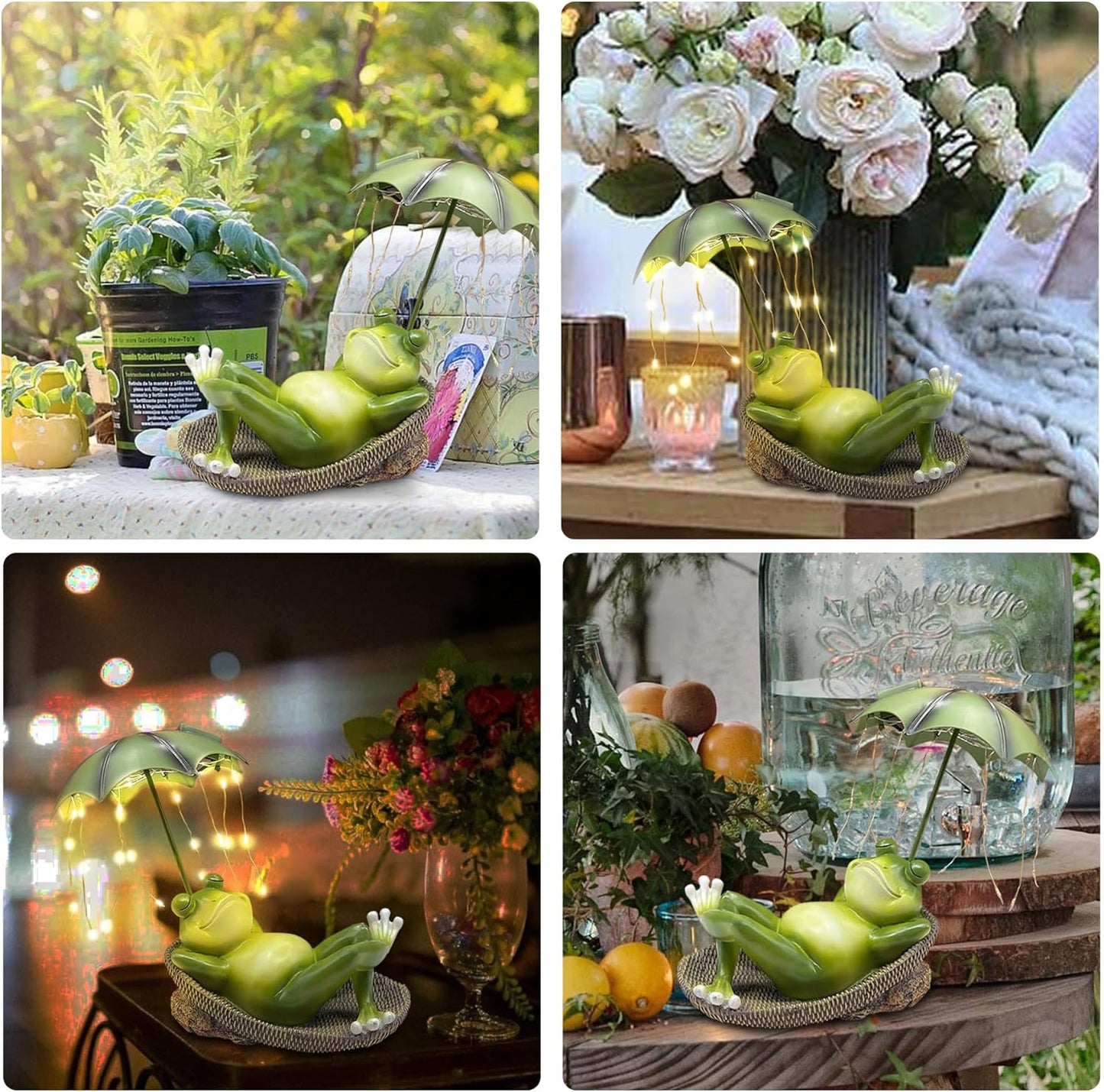 Solar Frog Garden Decor Outdoor Statue - Frogs Umbrella LED Waterproof Sculptures Lights, Cute Frog Pond/Yard Statues Outside Decoration, Home, Lawn, Patio, Resin Animal Ornament, Women/Gardening Gift