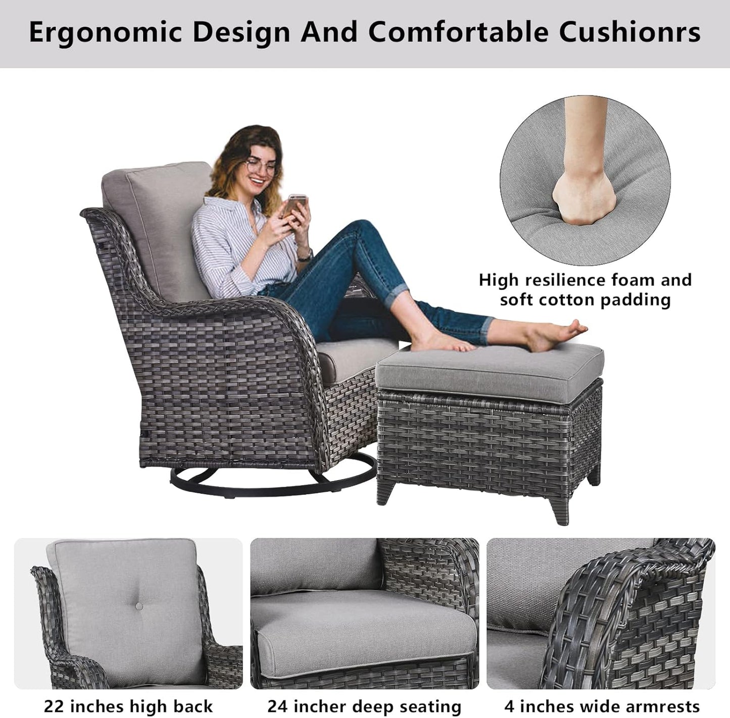 Wicker Patio Furniture Sets - 8 Piece Outdoor Rattan Furniture Conversation Sets with 4 Swivel Rocker Chairs, Rattan Sofa, Wicker Ottomans and Coffee Table, Mixed Grey/Grey