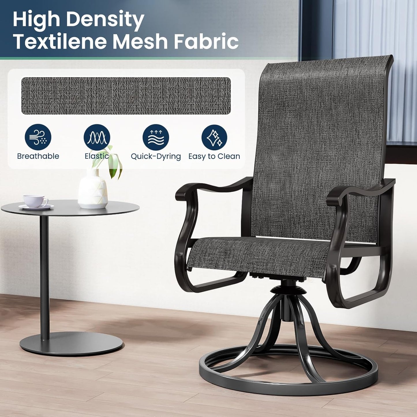 Amopatio Patio Swivel Chairs Set of 8, Outdoor Swivel Rocker Dining Chairs with All Weather Textilene High Back & Metal Frame, for Backyard Deck Lawn Garden, Dark Grey