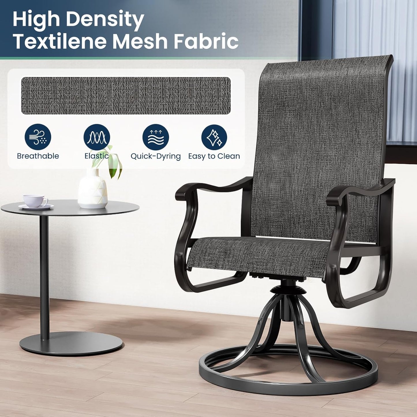 Amopatio Patio Swivel Chairs Set of 4, Outdoor Swivel Rocker Dining Chairs with All Weather Textilene High Back & Metal Frame, for Backyard Deck Lawn, Dark Grey