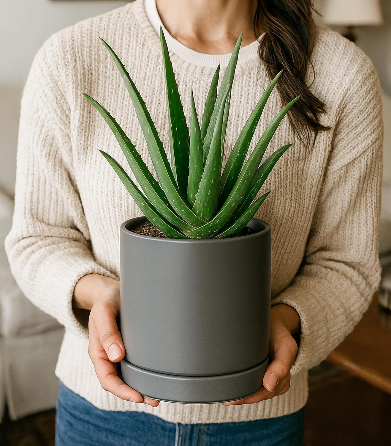 D'vine Dev 4.7 Inch & 6.5 Inch Ceramic Planter Pots for Plants with Drainage Hole and Saucer, Small Plant Pots Set, Speckled Grey, 94-G-S-3