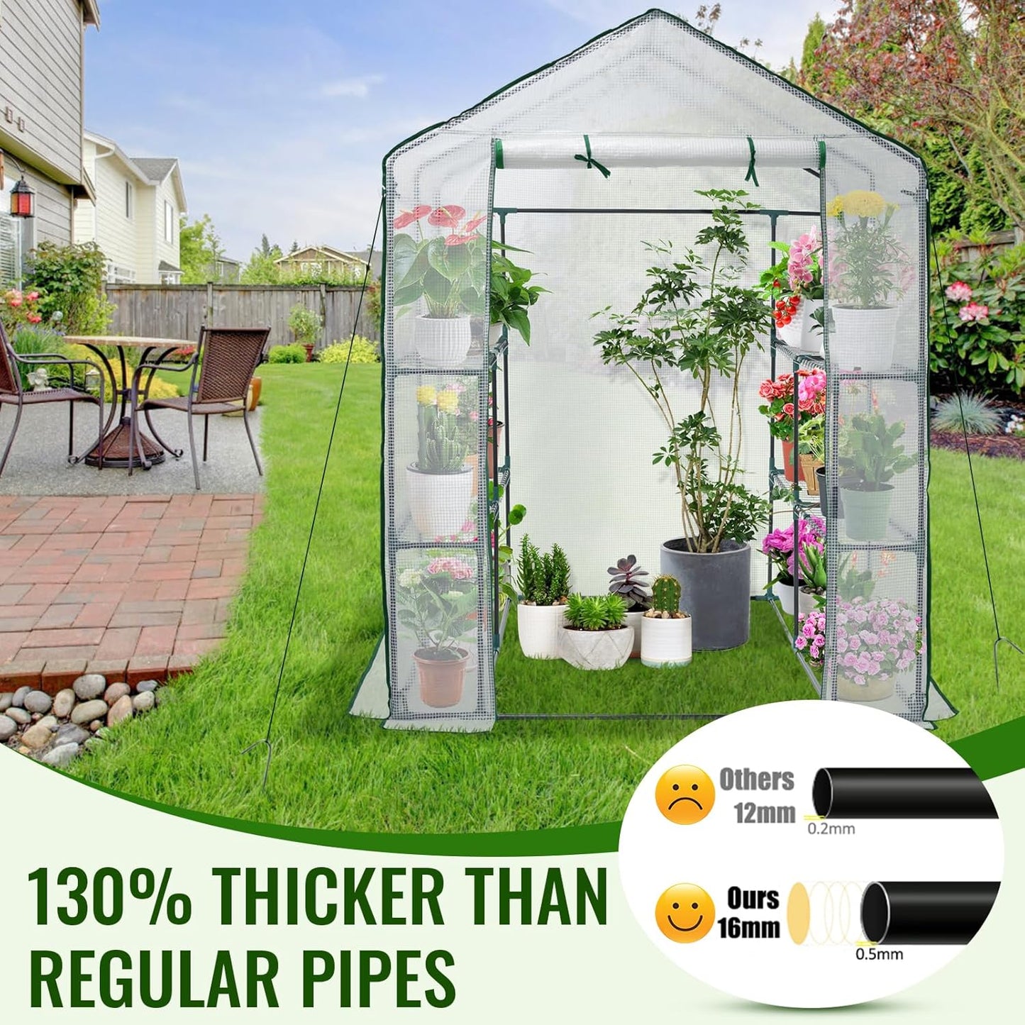 Greengro Greenhouse, 57 x 57 x 76'' Greenhouses for Outdoors, Portable Greenhouse Kit with Mesh Side Windows, PE Cover, 8 Shelves, Heavy Duty Walk in Green House for Backyard Garden Indoor Outside