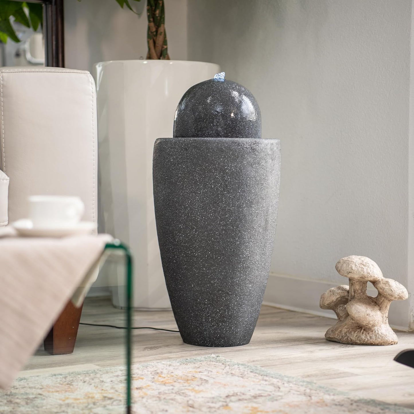 XBrand 25.98" H Round Stone Indoor/Outdoor Modern Stone Textured Sphere Water Fountain w/LED Lights, Gray