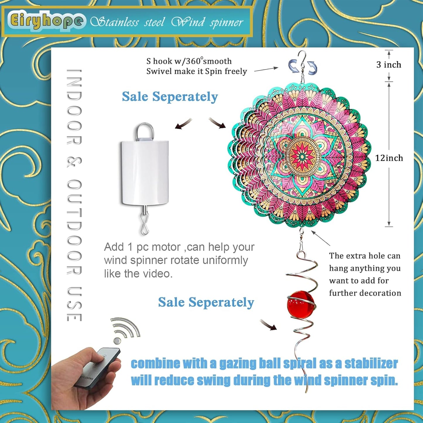 Mandala Manjusaka Wind Spinner - 12″ Stainless Steel Hanging Sculptures | 3D Kinetic Laser Cut Metal Art Decoration for Yard/Garden/Indoor, Creative Decor Gift