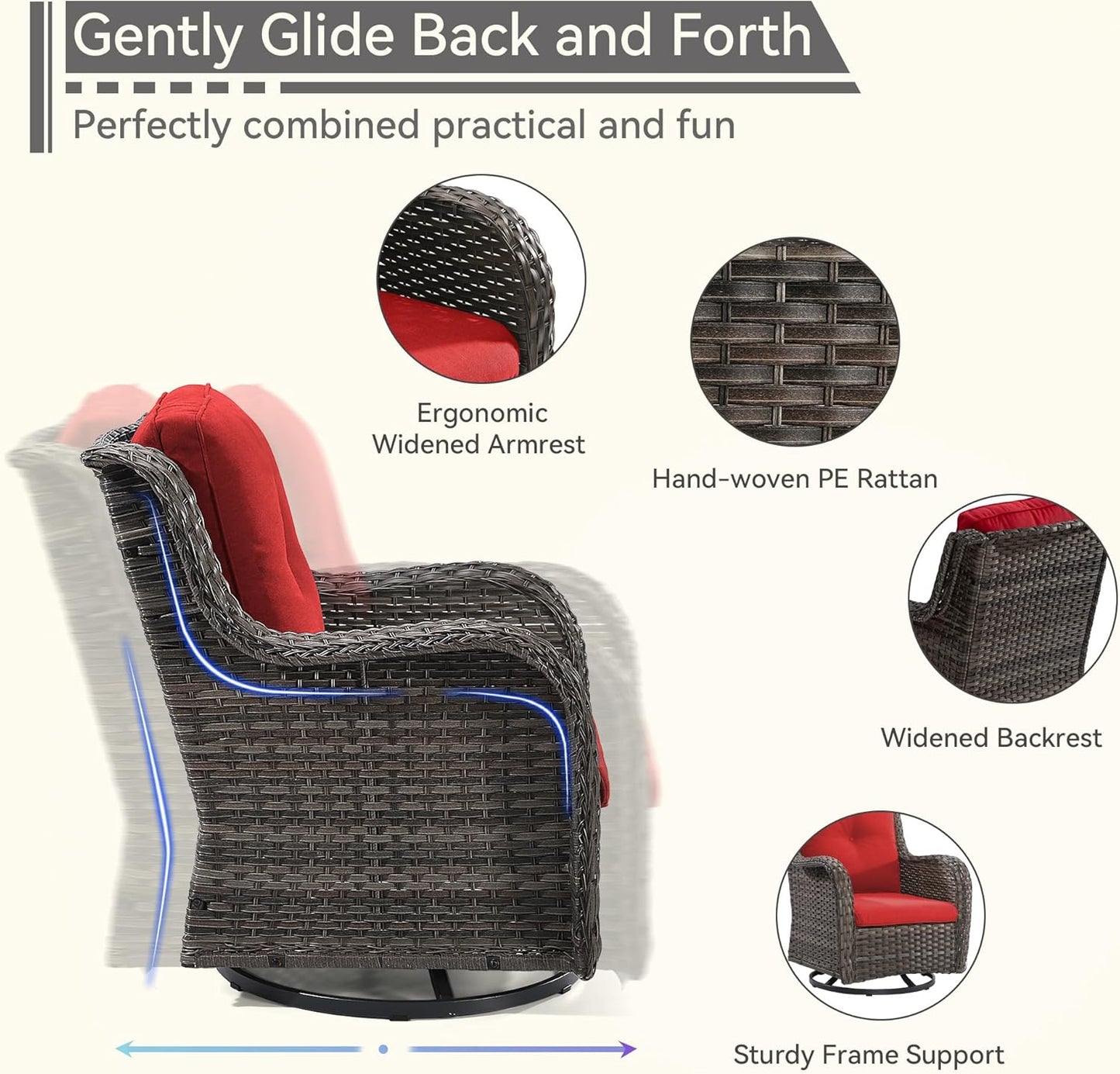 2 Pieces Outdoor Swivel Rocker Patio Chairs Set - Outdoor Wicker Patio Conversation Sets with 1 Side Table, Olefin Fabric Cushions Suitable for Backyard Deck and Porch,Red