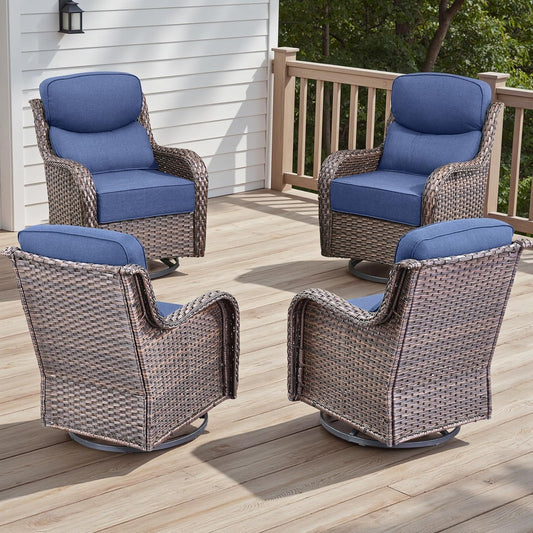 4 Piece Outdoor Patio Swivel Rocker Chairs, Waterproof Wicker, High Back, Deep Seating, Wide Armrest, Upgraded 6 inch Thick Cushions, Ideal for Deck Porch Backyard, Brown/Blue