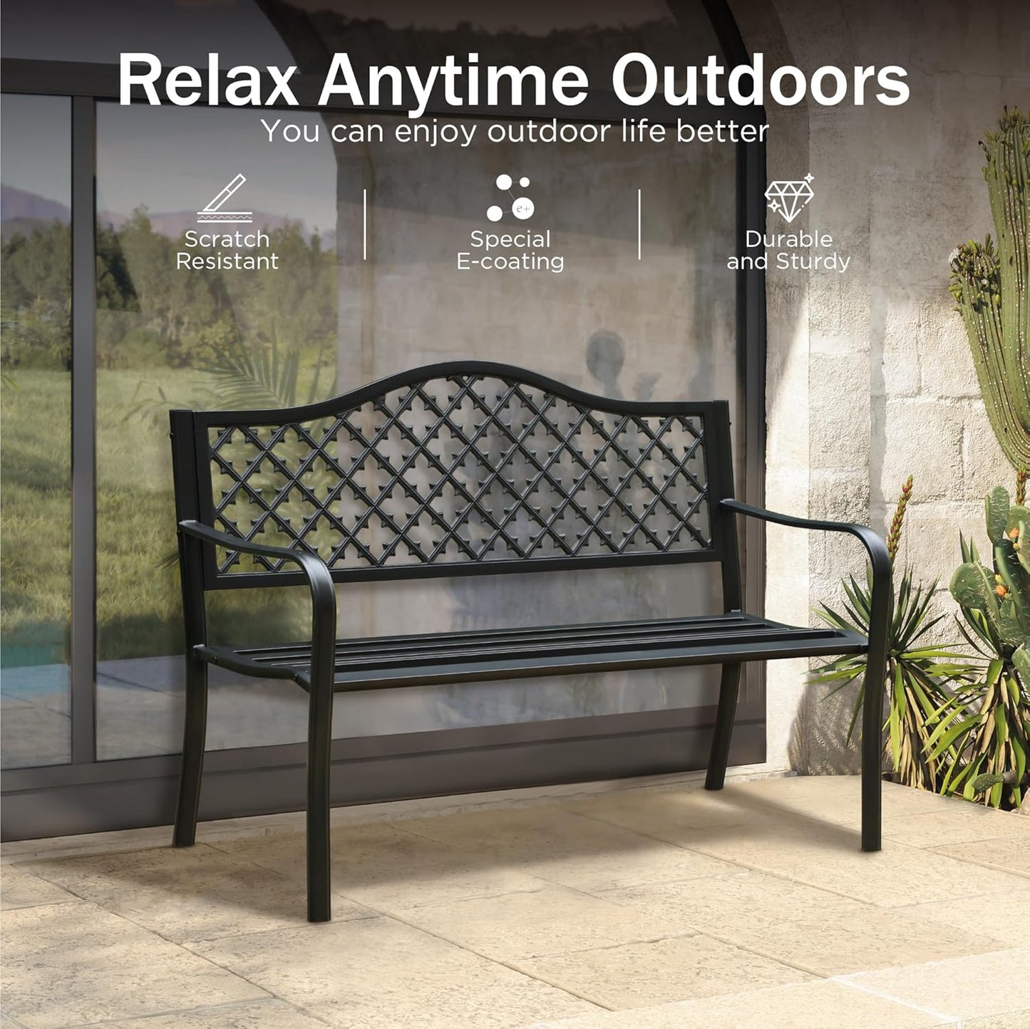 PHI VILLA 50" Outdoor Garden Patio Metal Bench for Outdoors with Plastic Backrest Armrests Sturdy Steel Frame, Black