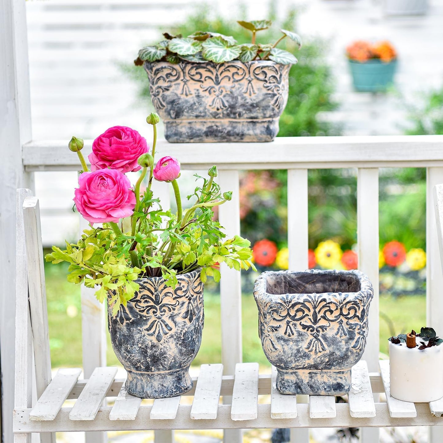 Sungmor 6.5 Inch Cement Plant Pot for Plants, Succulent Planter with Embossed Design, Vintage Concrete Flowerpots with Drainage Hole, Decorative Orchid Houseplant Pot Indoor Outdoor Plant Container