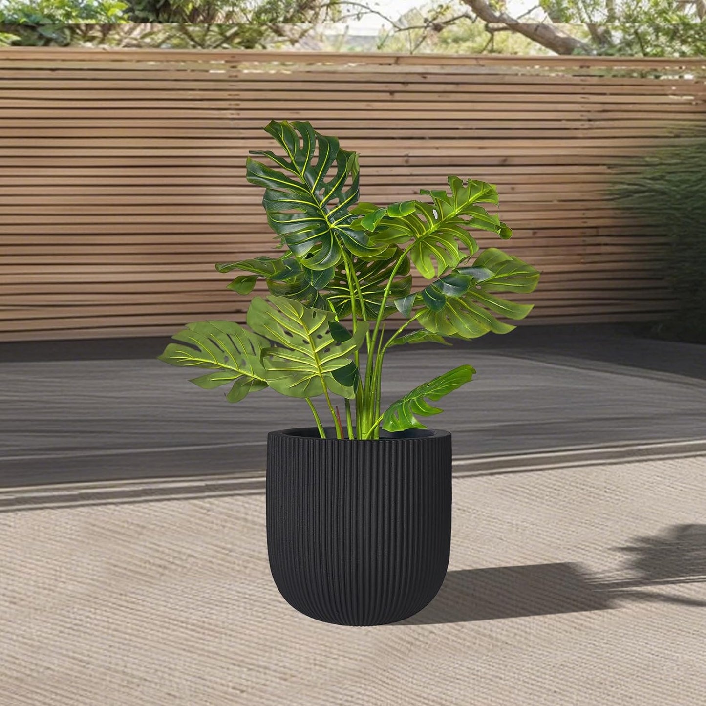 16 Inch Handmade Concrete Outdoor Planter - Classic Striped Design | Fiberglass & Composite Material | Durable for Commercial & Home Decor