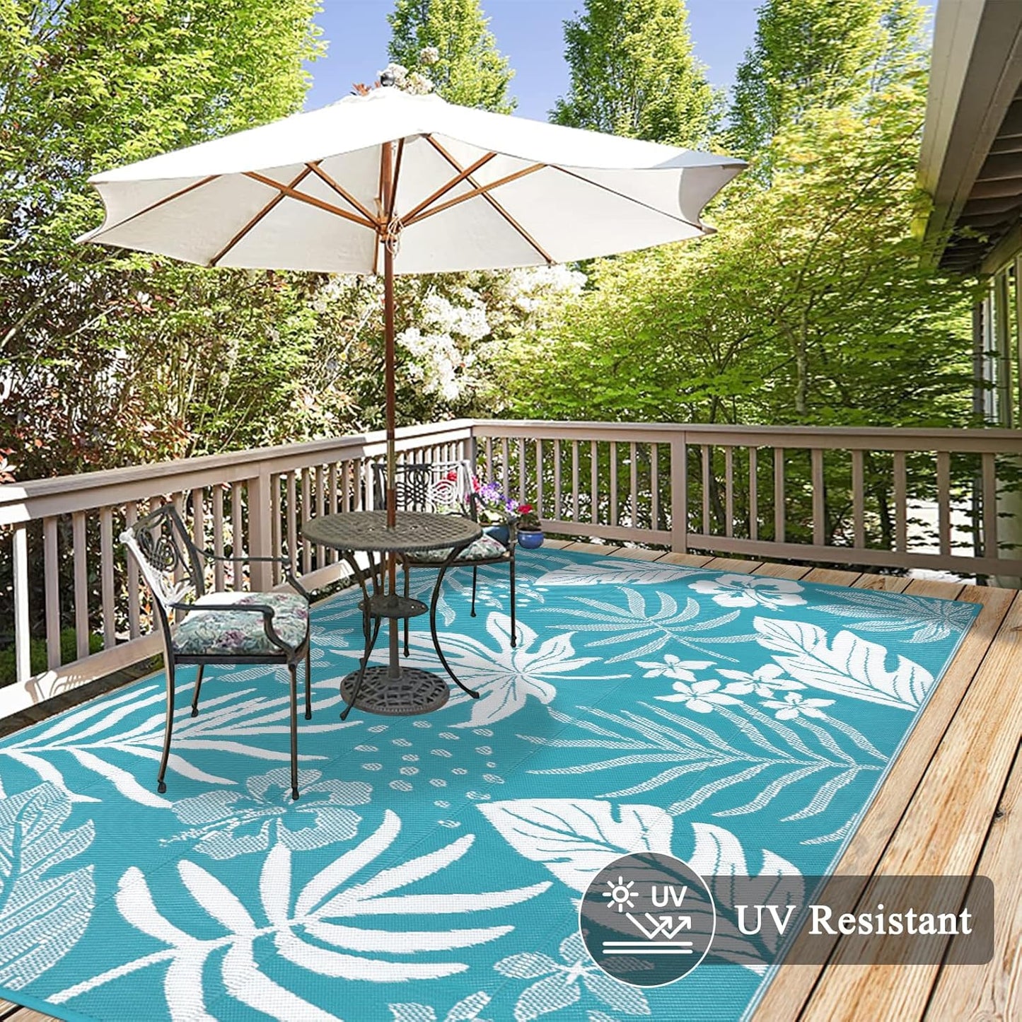 Pauwer Waterproof Outdoor Rug 5x8, Reversible Plastic Straw Patio Camping Rug, Indoor Outdoor RV Mat Carpet for Deck, Camper, Porch, Balcony, Backyard, Picnic, Floral Teal