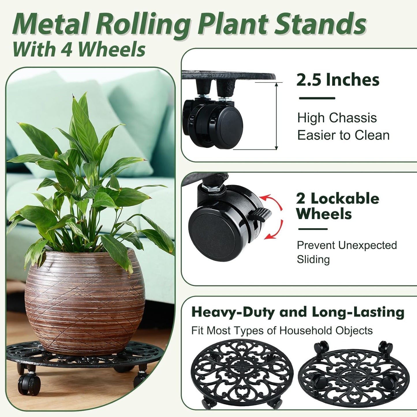 3 Packs 14 Inch Rolling Plant Stand with Wheels Metal Plant Caddy with Wheels Heavy Duty Round Plant Stand Indoor Iron Plants Rollers for Plants, Plant Dolly