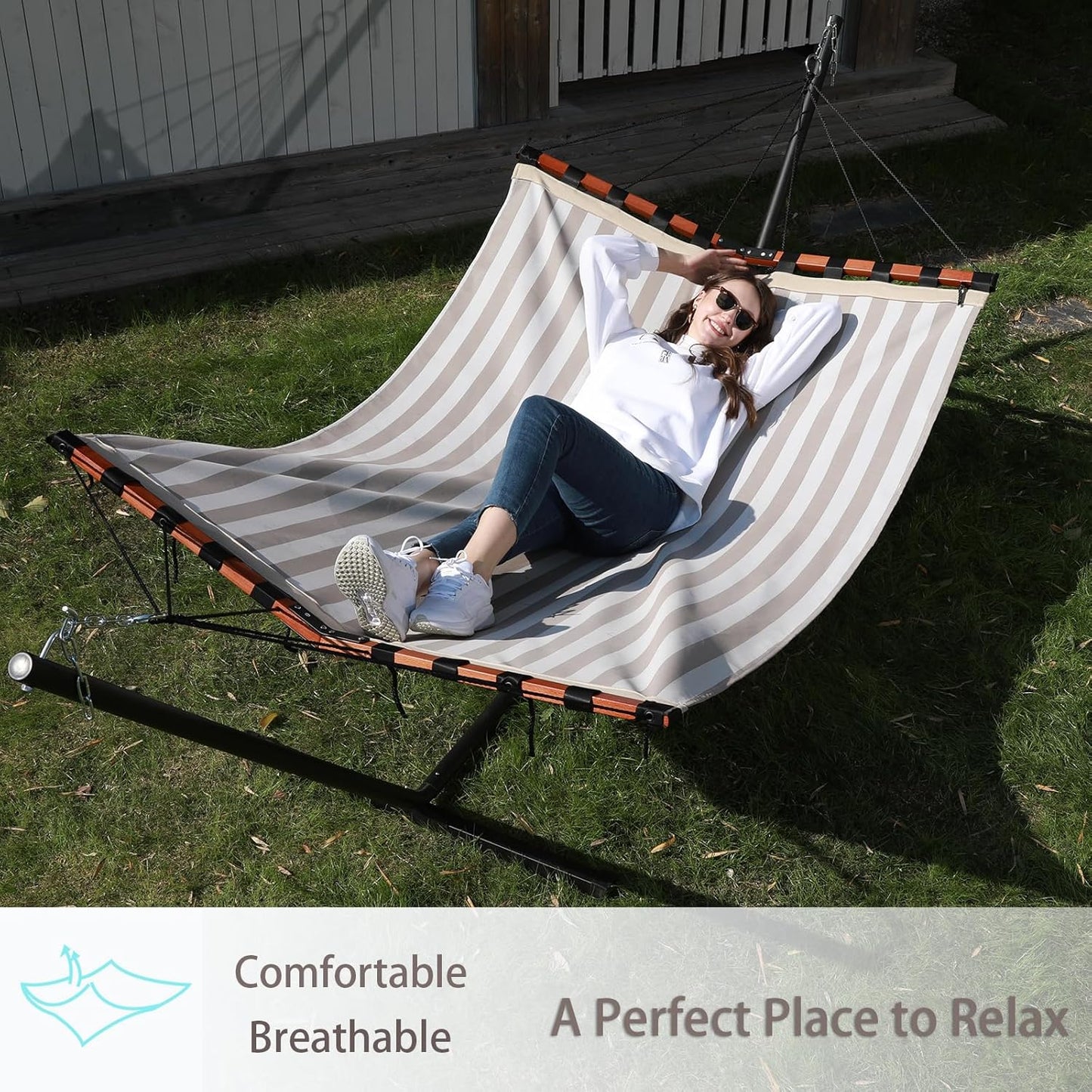 TegerDeger 12FT 2 Person Hammock Large Hammock Quick Dry 450LB Capacity with V Shaped Hardwood Spreader Bar & Nylon Rope for Outside, Patio, Garden, Backyard, Beach, Poolside - Beige Stripes