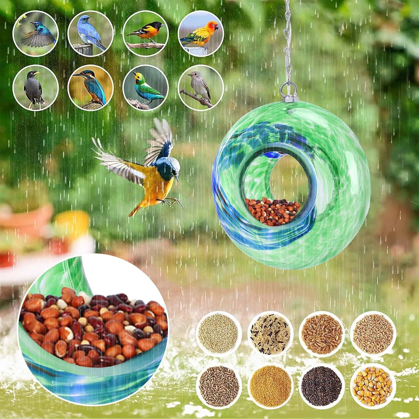 Yinns Glass Bird Feeders, Hanging Fly Through Birds Feeder for Outsiade, Solar Birdfeeder for Garden Decor Bird Lvoers Gifts, 8-Inch（Green）