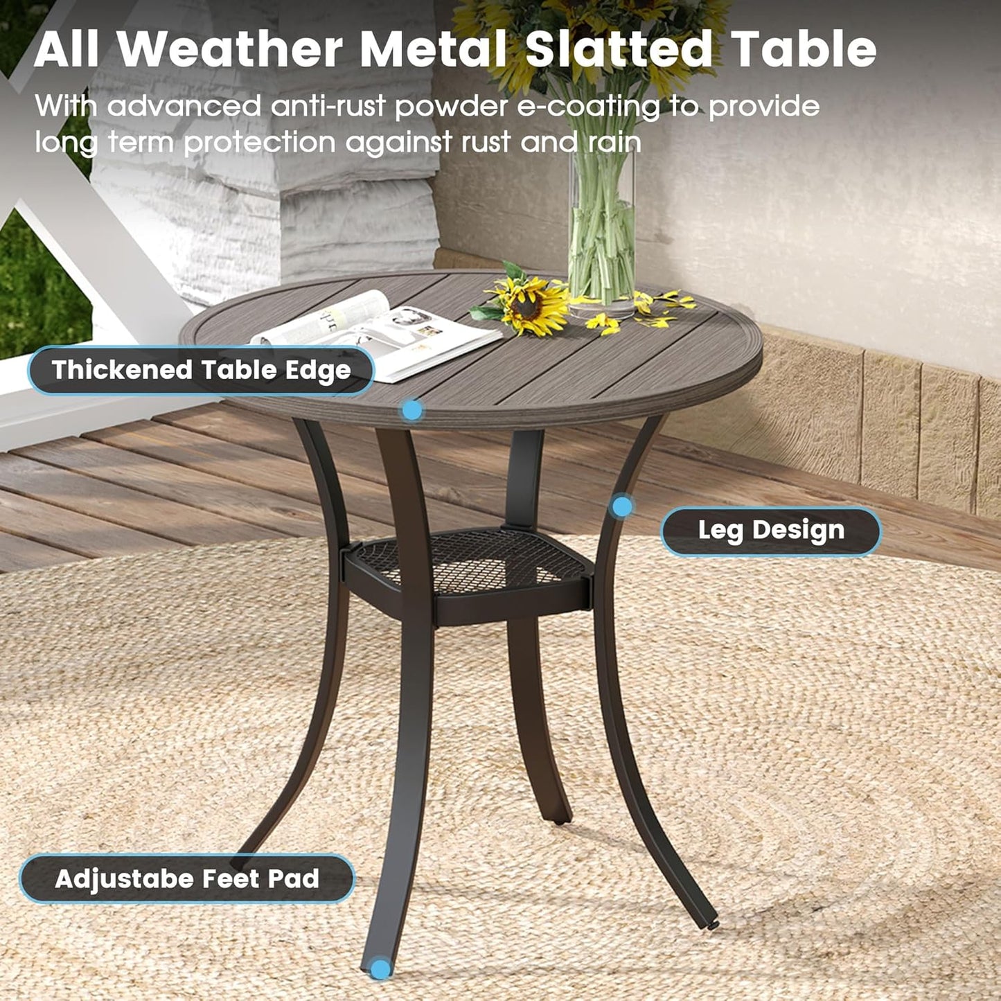 DIFY 27.6" Round Patio Dining Table, Outdoor Bistro Table with Rust Resistant Metal Frame, Ideal for Lawn, Backyard and Deck, Grey Wood-Like