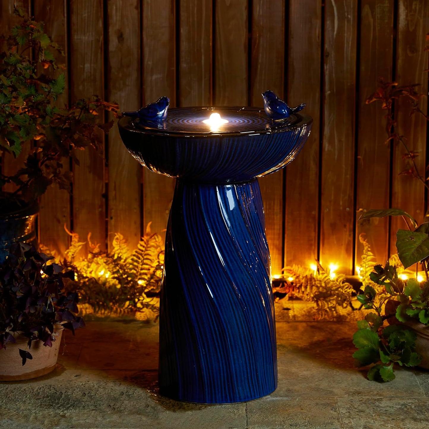 Glitzhome 24.75" H Outdoor Water Fountain with LED Light, Cobalt Blue Two Birds Twist Textured Floor-Standing Fountains, Ceramic Embossed Pattern Pedestal Water Fountain for Yard Patio Backyard