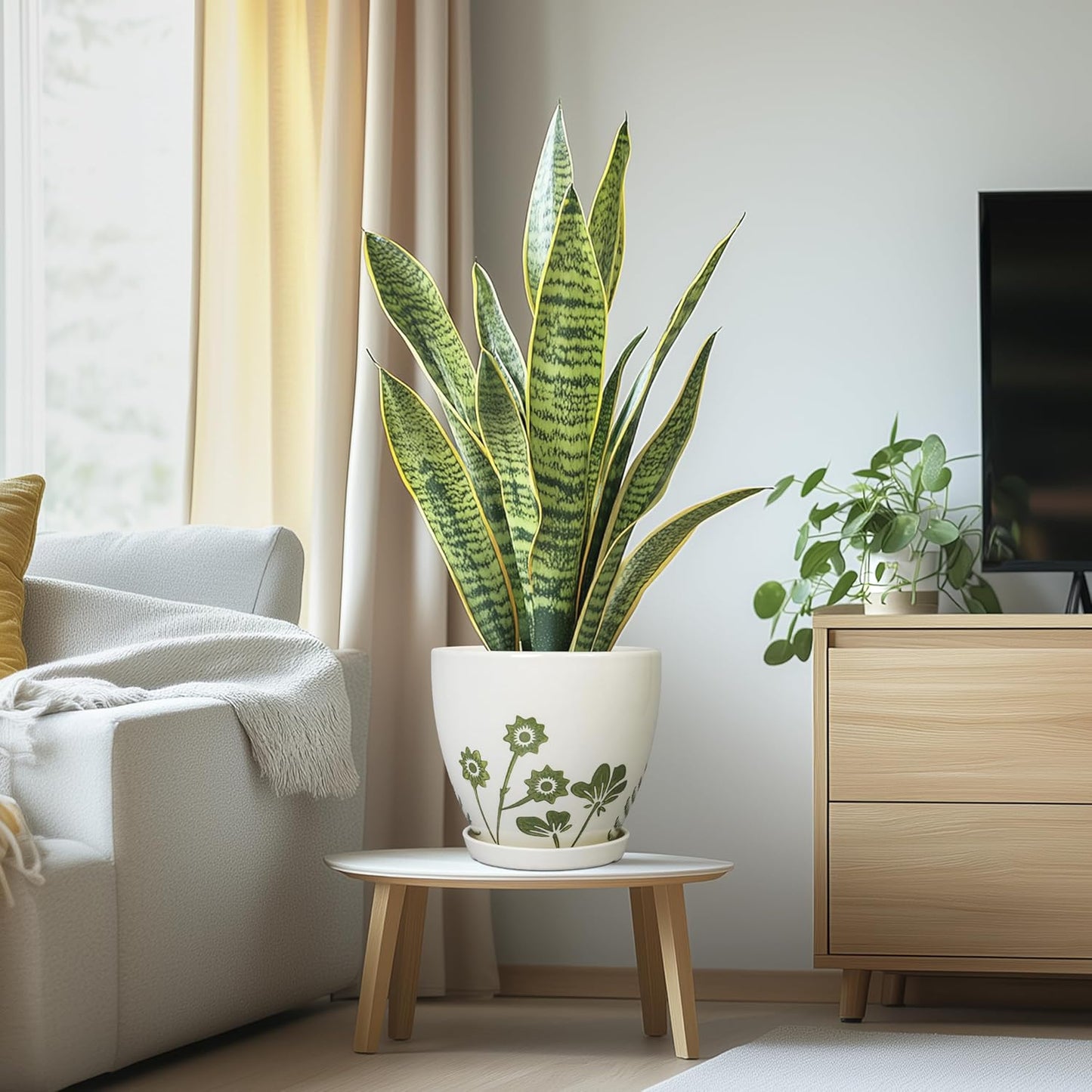 8.2 Inch Plant Pot - Ceramic Planter for Indoor Outdoor Flowers, Boho Round Decorative Indoor Flower Pot with Drainage Hole and Saucer, Gifts for Plant Lovers, Office Garden House Decor, White