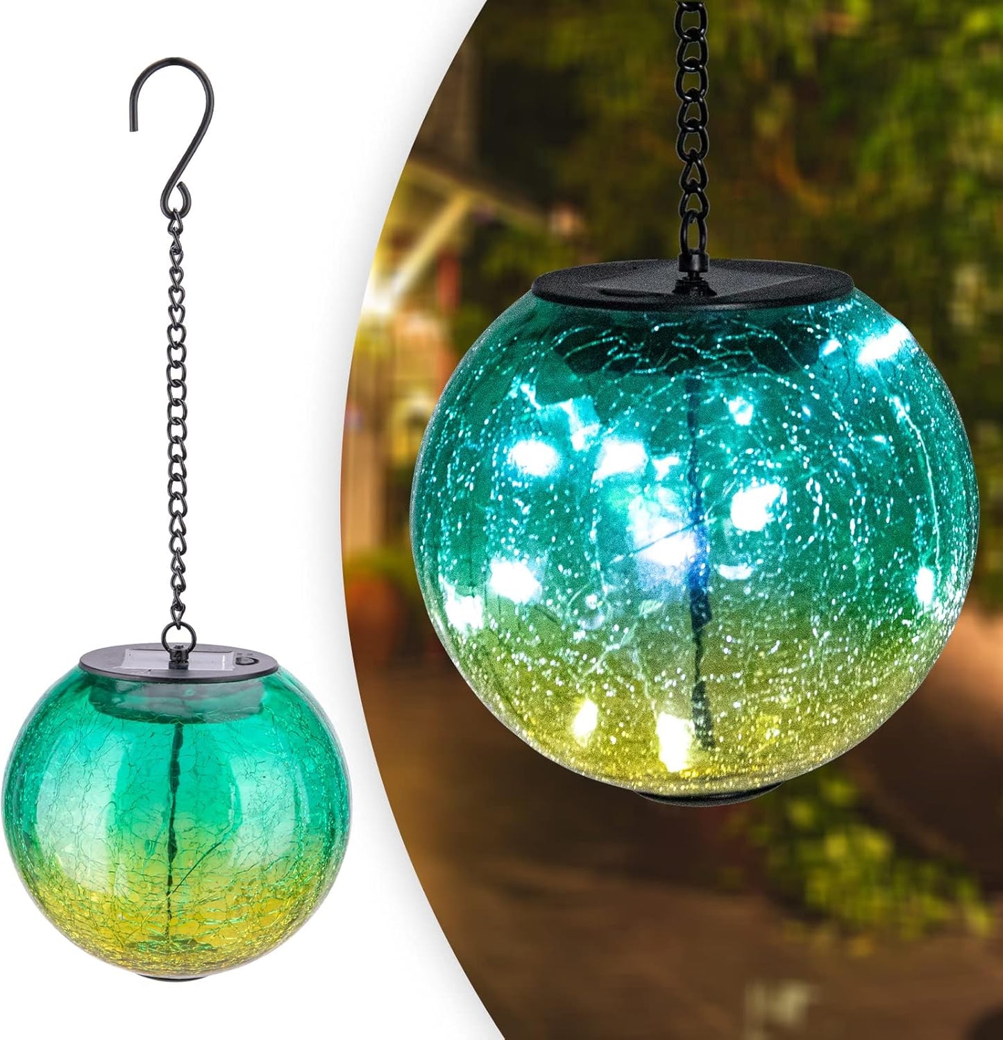 Hanging Solar Lights Outdoor Solar Lanterns Outdoor Decorative Cracked Glass Ball Lights Solar Powered Waterproof LED Globe Lantern for Outdoor Porch Patio Garden Decor Gift Green