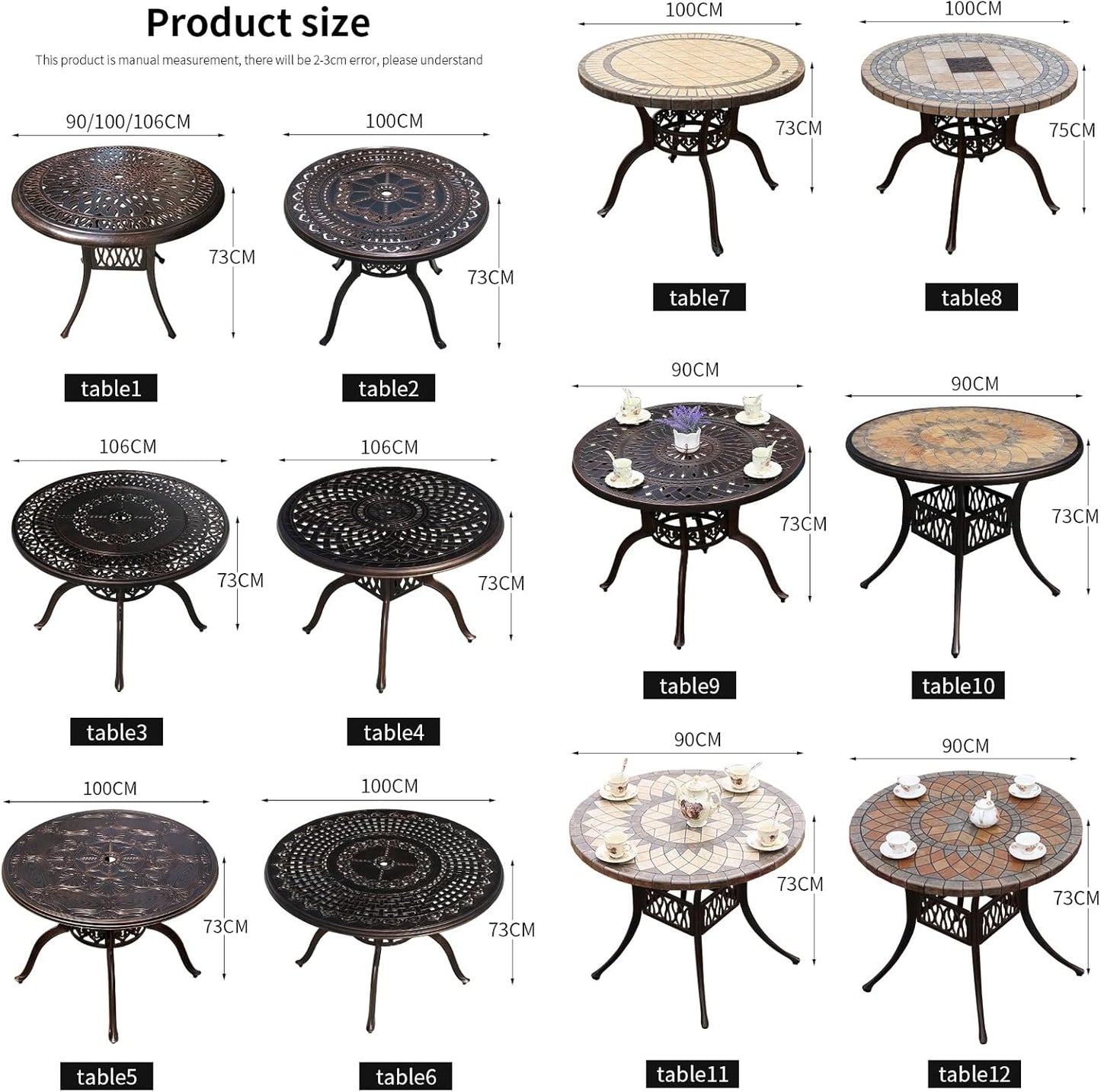 Outdoor Table Cast Aluminum Round Patio Table with Umbrella Hole All Weather Outdoor Dining Tables for Lawn Garden Backyard (90cm Round Tables with Slanted Lattice)