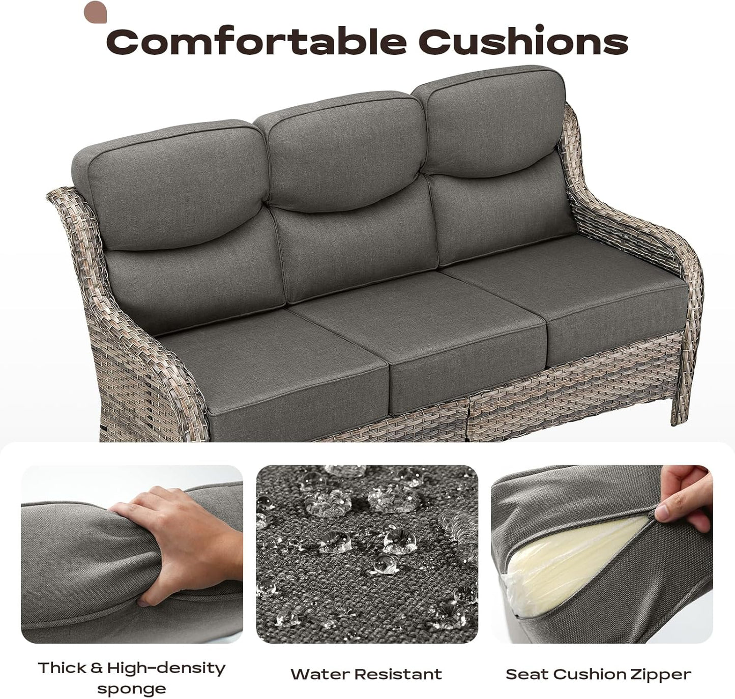 Wicker Outdoor Patio Furniture Set - 8 Piece Patio Conversation Sets with Swivel Rocker Chairs, Ottomans, Sofa and Table, 6 inch Cushions, Deep Seating, for Porch Deck Mixed Grey/Grey