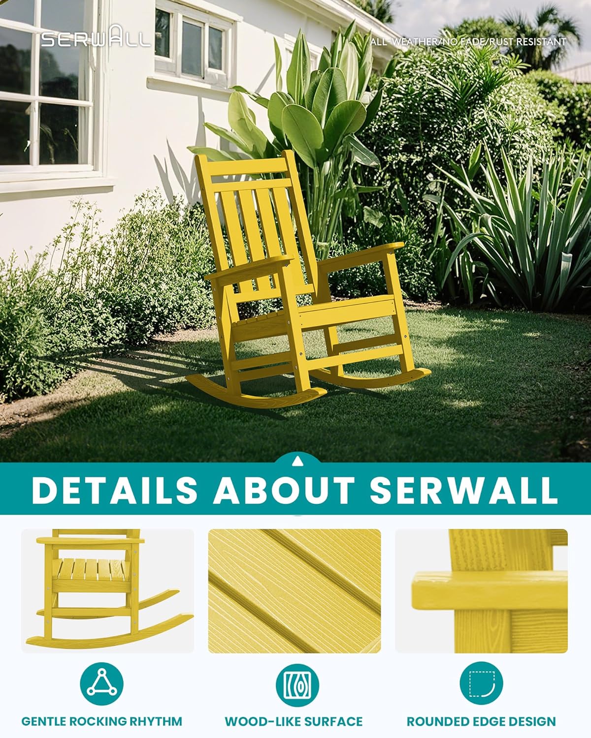 SEWALL HDPE Rocking Chair, Oversized Outdoor Rocking Chair for Adults, Patio Rocker for Porch, Yellow