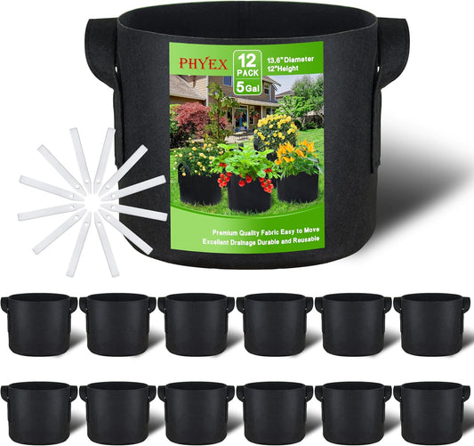 PHYEX 12-Pack 5 Gallon Grow Bags, Heavy Duty Fabric Pots with Handles, Reusable Plant Bags for Vegetable, Herbs & Flowers, BPA-Free, Breathable, Durable