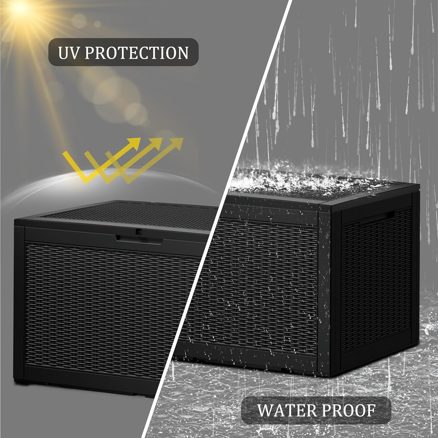 100GAL Black Wicker - Textured Outdoor Deck Box with Lockable – Waterproof, SGS - Verified UV Resistance, Stylish Storage for Patio Furniture & Outdoor Toys, Quick Assembly