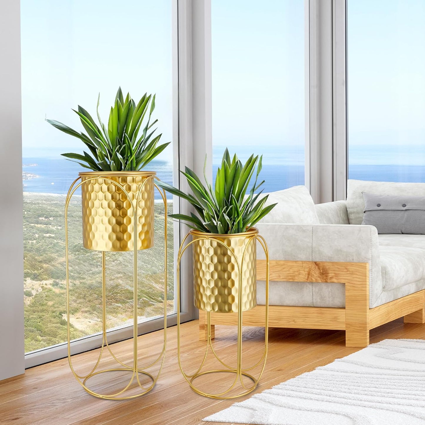 TRIROCKS Set of 2 Planters with Stand Large Gold Planter for Indoor Plants 26 &18" H Morden Plant Pot for Living Room Corner Kitchen Office Garden Balcony Patio Decor(Gold)