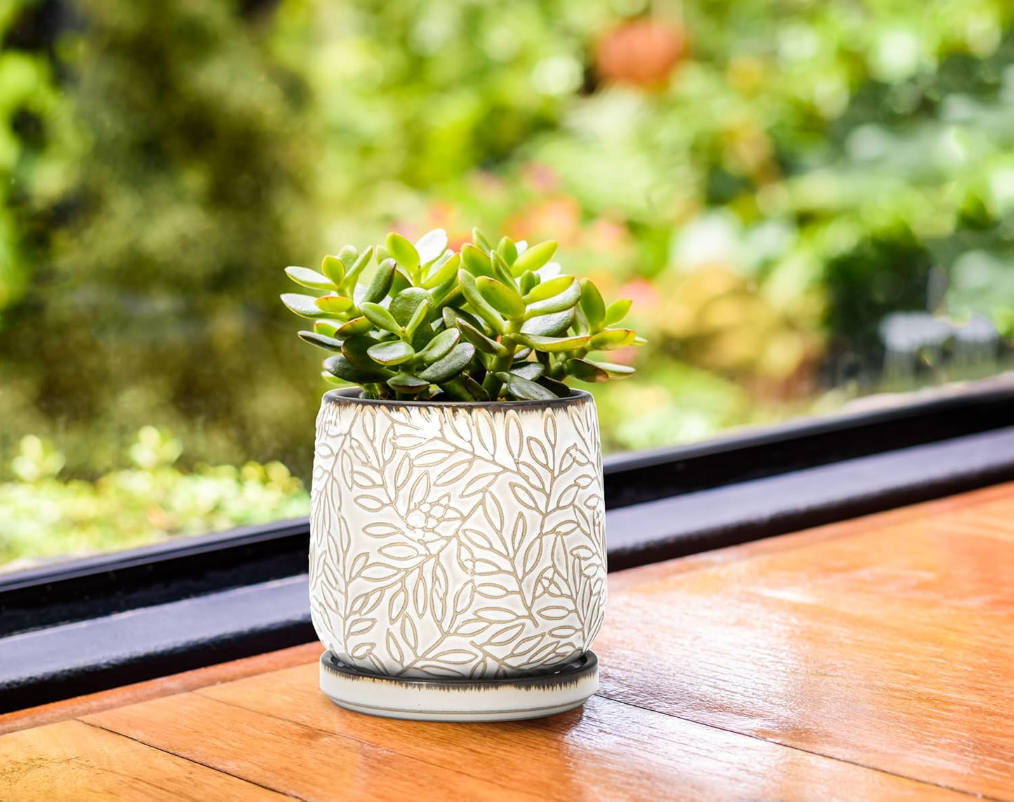 D'vine Dev 4 Inch Embossed Leaves Stoneware Planter Pot with Drainage Hole and Saucer, Smoked White, Set of 2, 27-F-Z-1