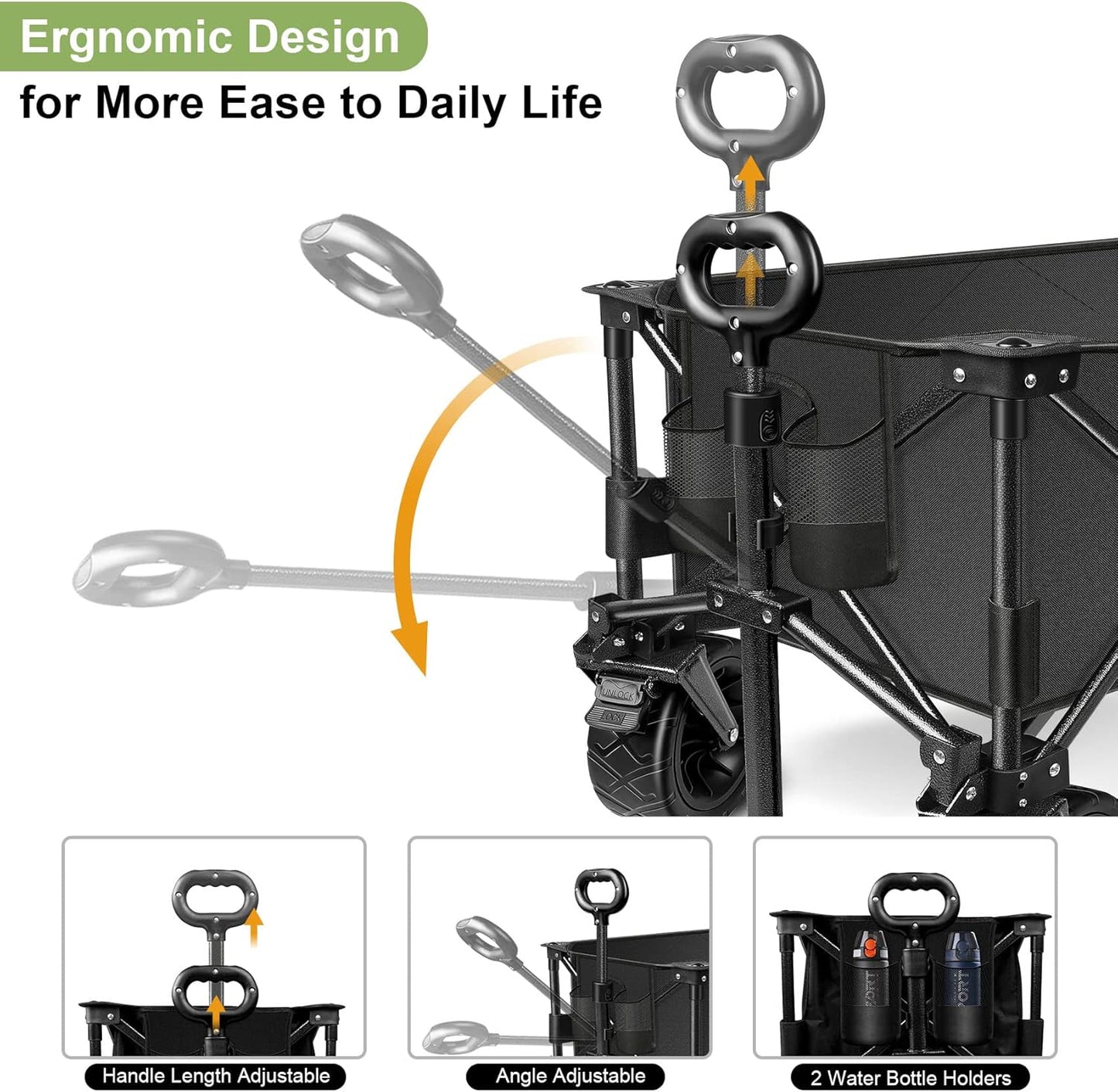 LUXCOL Collapsible Folding Wagon, Heavy Duty Utility Beach Wagon Cart for Sand with Big Wheels, Adjustable Handle&Drink Holders for Shopping, Camping,Garden and Outdoor