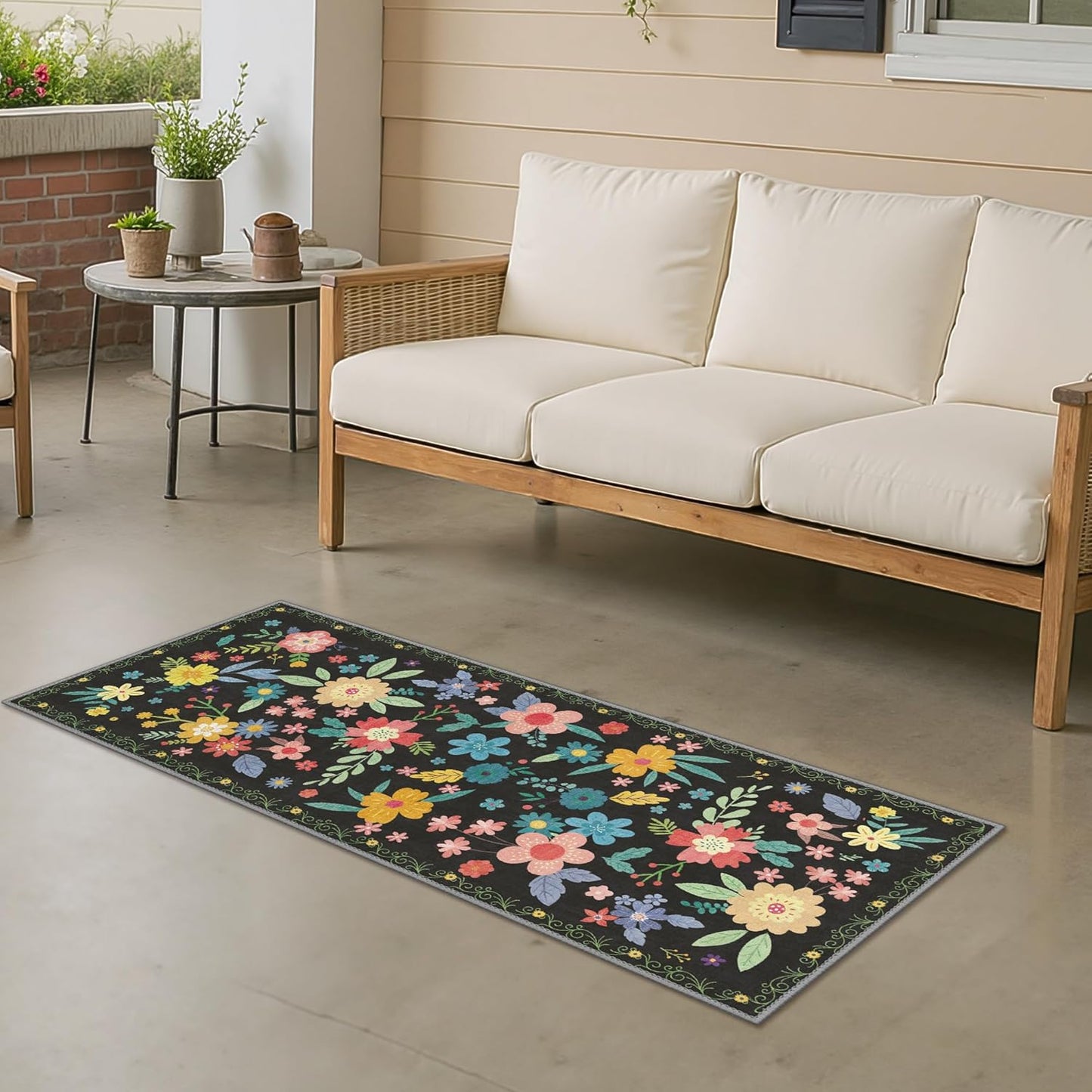 GENIMO Indoor Outdoor Area Rug 2' X 5' Waterproof, Washable Runner Rug Non Shedding, Easy Cleaning Floral Outdoor Carpet for Patio, Living Room, Bedroom, Entryway, Porch, Dining Room, Black