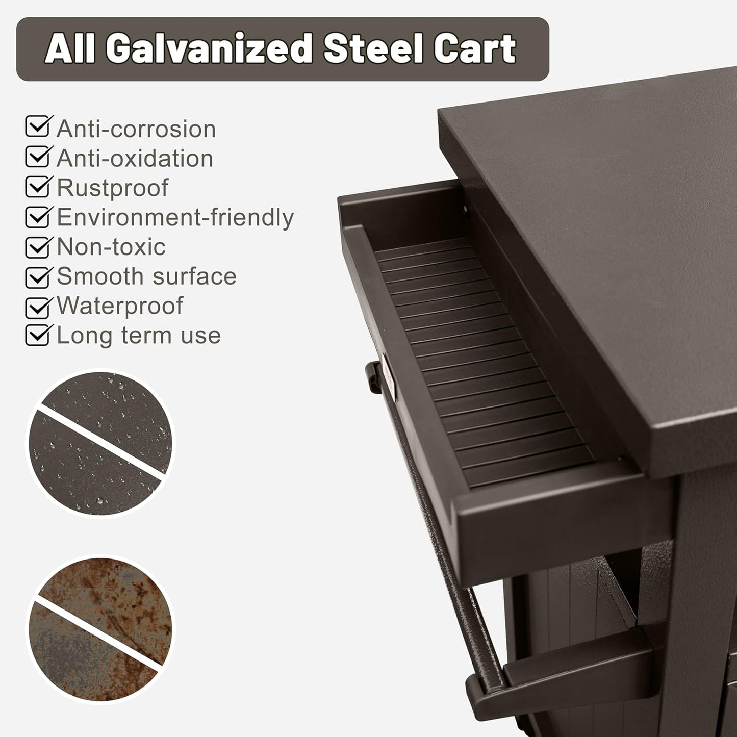 Grill Cart Outdoor with Storage Cabinet, Portable Rolling Patio Bar Cart with Wheels, BBQ Prep Table, Movable Stainless Steel Kitchen Island Dining Cart for Food/Drink/Cooking-Brown