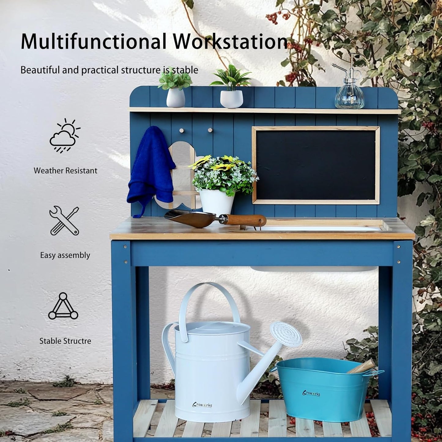 Potting Bench Outdoor Potting Table—All-Weather Kids Solid Wood Garden Work Station with Sink、Drawing Board、Shelves, Weather Proof（Blue, Large）