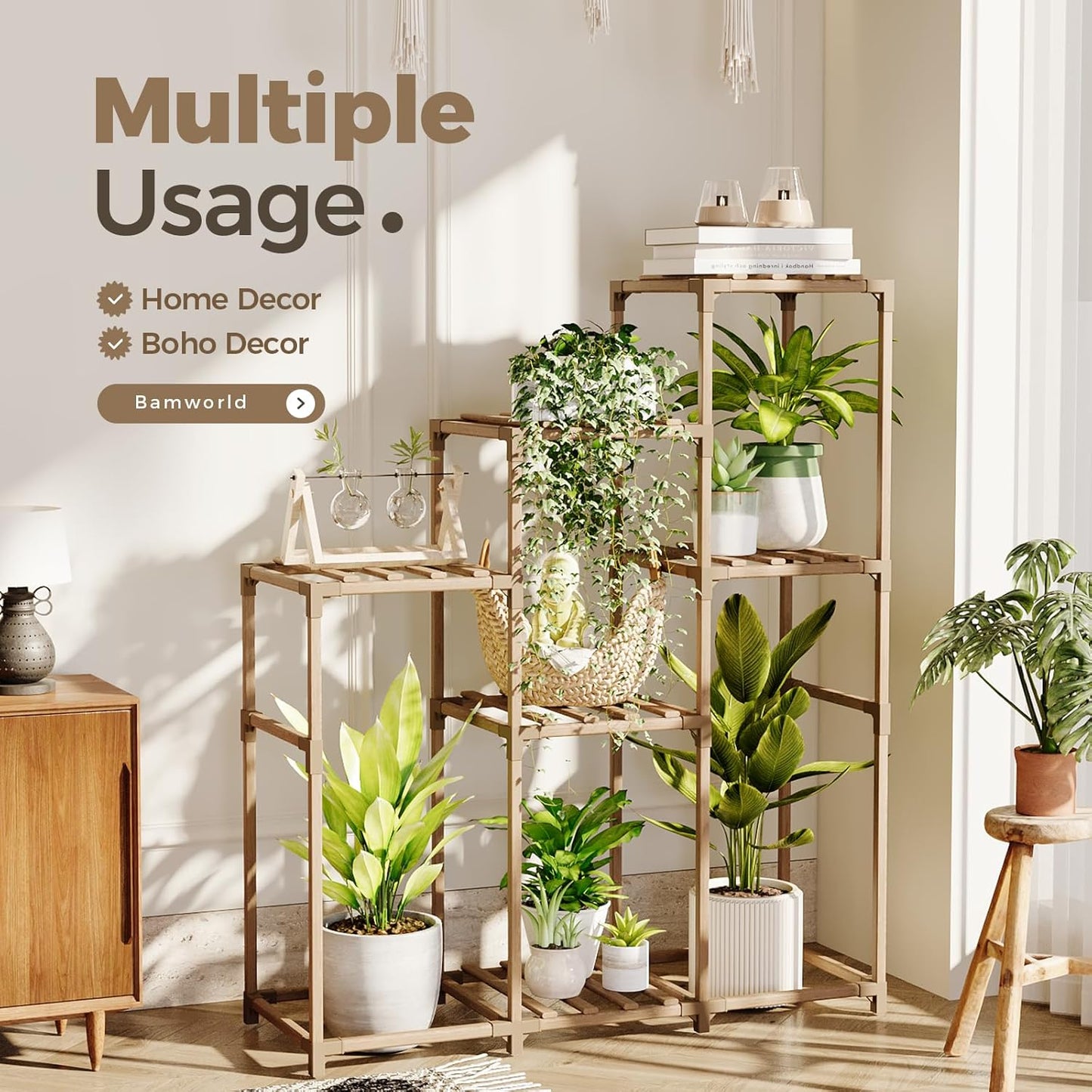 Bamworld Tall Plant Stand Indoor Wood Shelf Outdoor Tiered Rack for Multiple Flowers 5-Tier 7-Pot Ladder Holder for Plant Pots Gardening Decor