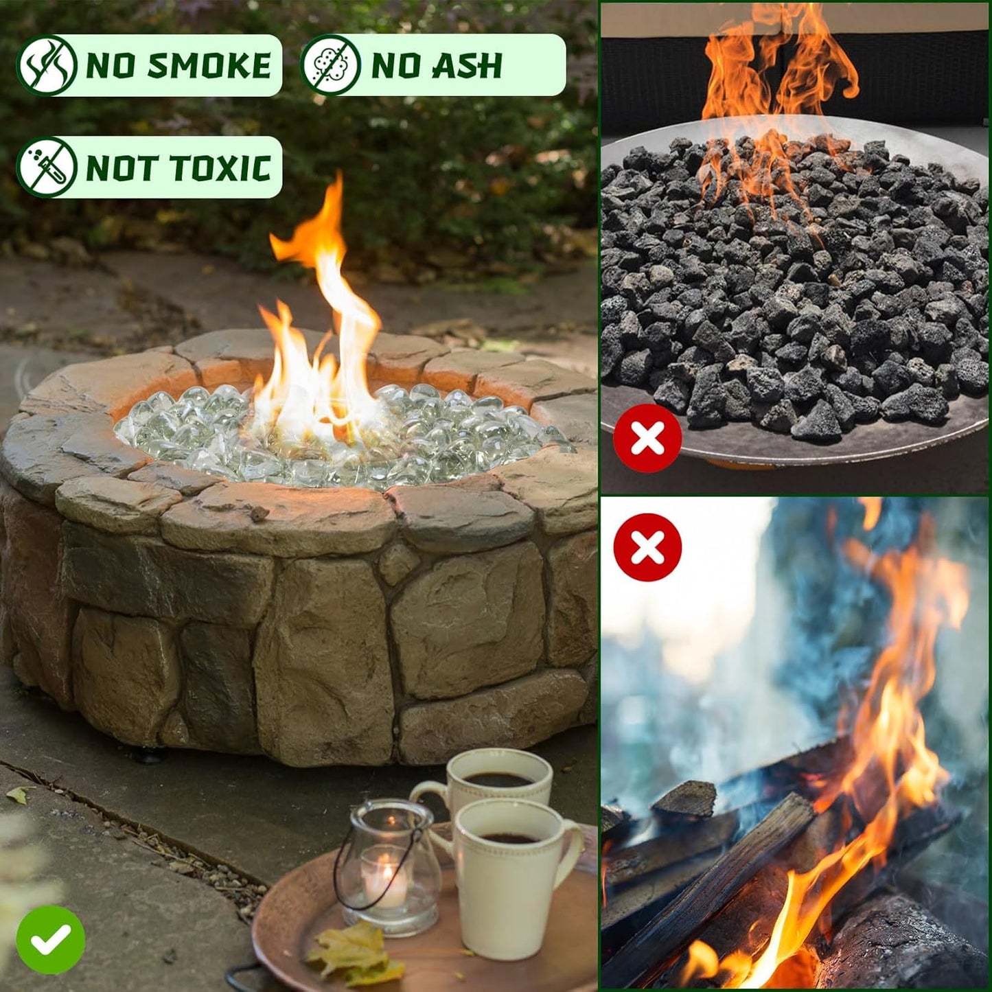 Firepit Glass, Clear Fire Glass Rocks for Propane Fire Pit, Fireplace, and Outdoor Decoration, High Luster 1 Inch Diamonds 10LB