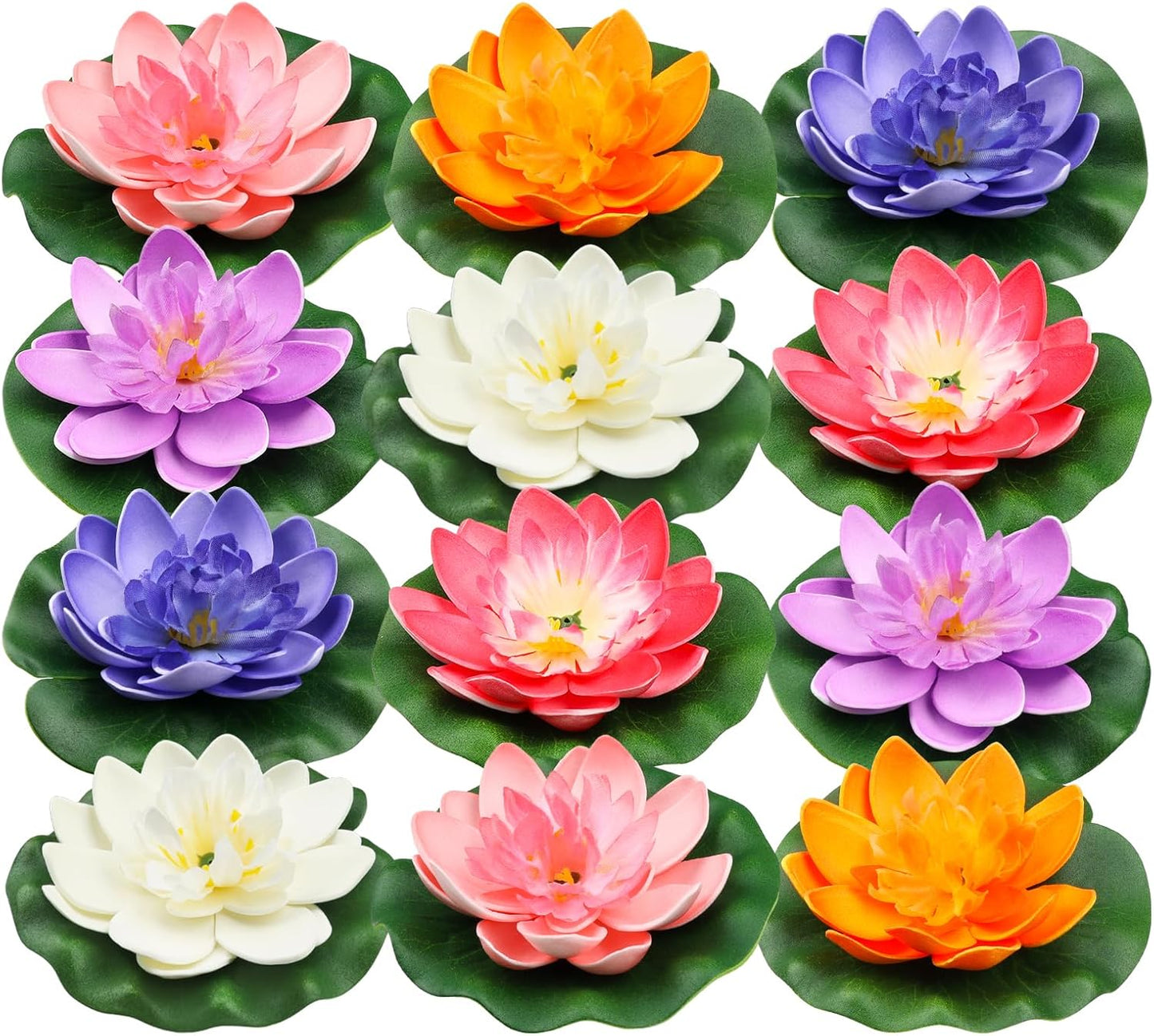 12pcs Floating Foam Lotus Flowers with Lily Pads, Artificial Pond Plants Ornaments for Pool Aquarium Water Decoration, Colorful