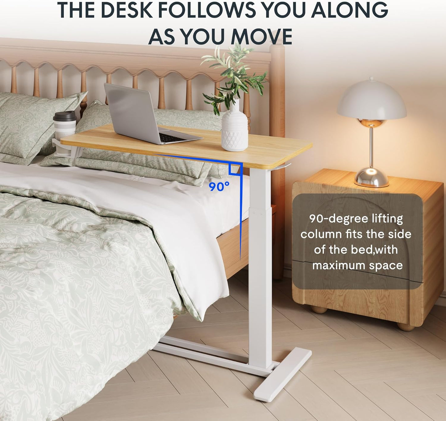 FLEXISPOT Adjustable C Table with Wheels, Mobile Snack Side End Table Sofa Couch Bedside Table Laptop Rolling Cart TV Tray Night Stand Small Space Side Table,(27.6" W x 15.7" D,Maple)