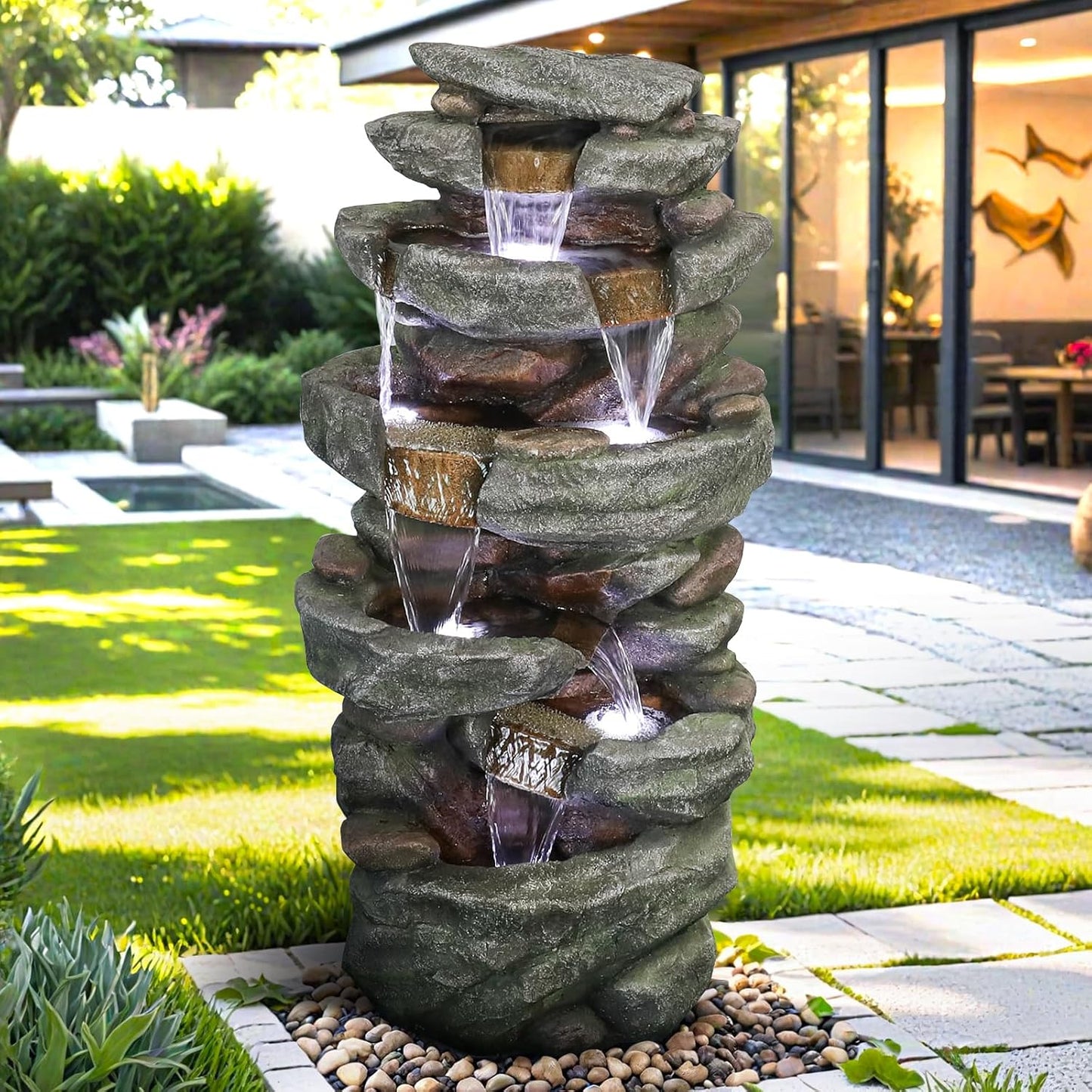 6-Tier Rockery Outdoor Fountain - 40.5”High Outdoor Waterfall Fountain with Lights for Home&Office Decor, Stacked Rock Cascading Relaxation Garden Features Outdoor for Patio, Yard, Deck