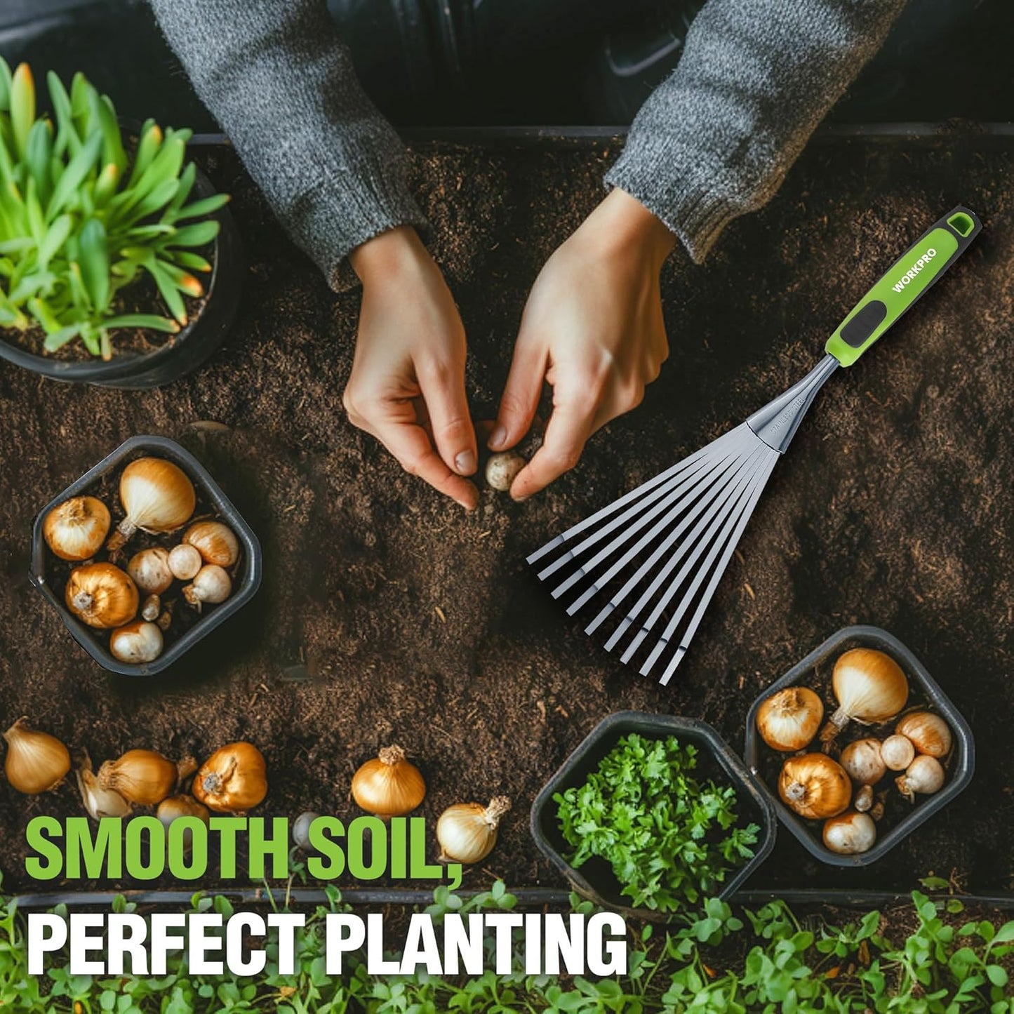 WORKPRO 16" Hand Rake, Heavy Duty Stainless Steel Garden Rake with Soft Handle, Small Garden Hand Tool for Gardening, Cultivating, Loosening Soil & Spreading Mulch, Flower Beds