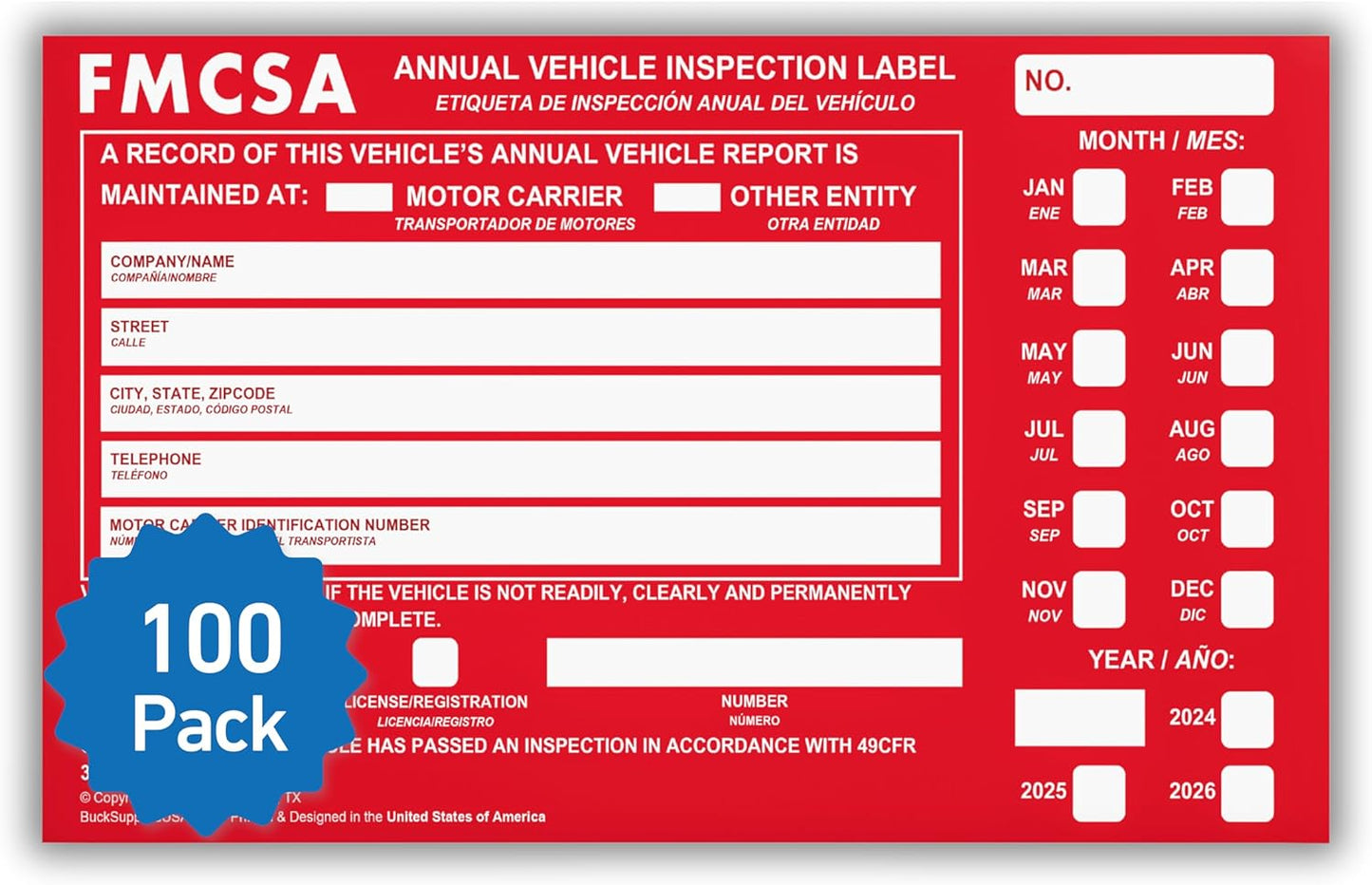 100 Pack Buck Aluminum Annual Vehicle Inspection Label with Punch Boxes, 2 Mil Red FMCSA Self Adhesive Sticker, DOT Compliant, Weatherproof, Tear Resistant, Easy to Write On, 6" x 3.5" - Made in USA