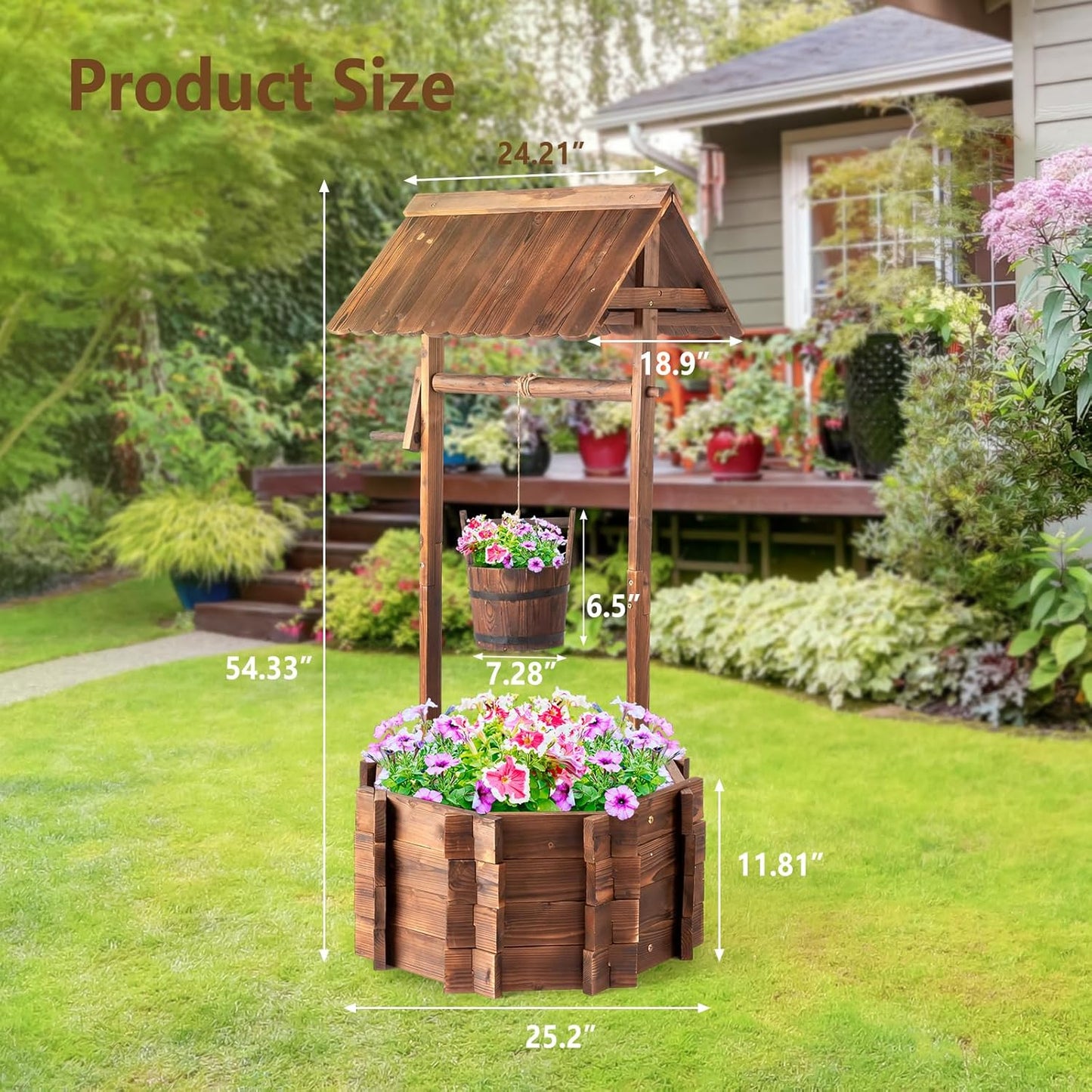 VINGLI Wooden Wishing Well Outdoor Planters, Well Covers for Yard with 4 Reinforced Rods, Height Adjustable Hanging Bucket, Rustic Flower Pot Home Decor for Outside Patio Garden