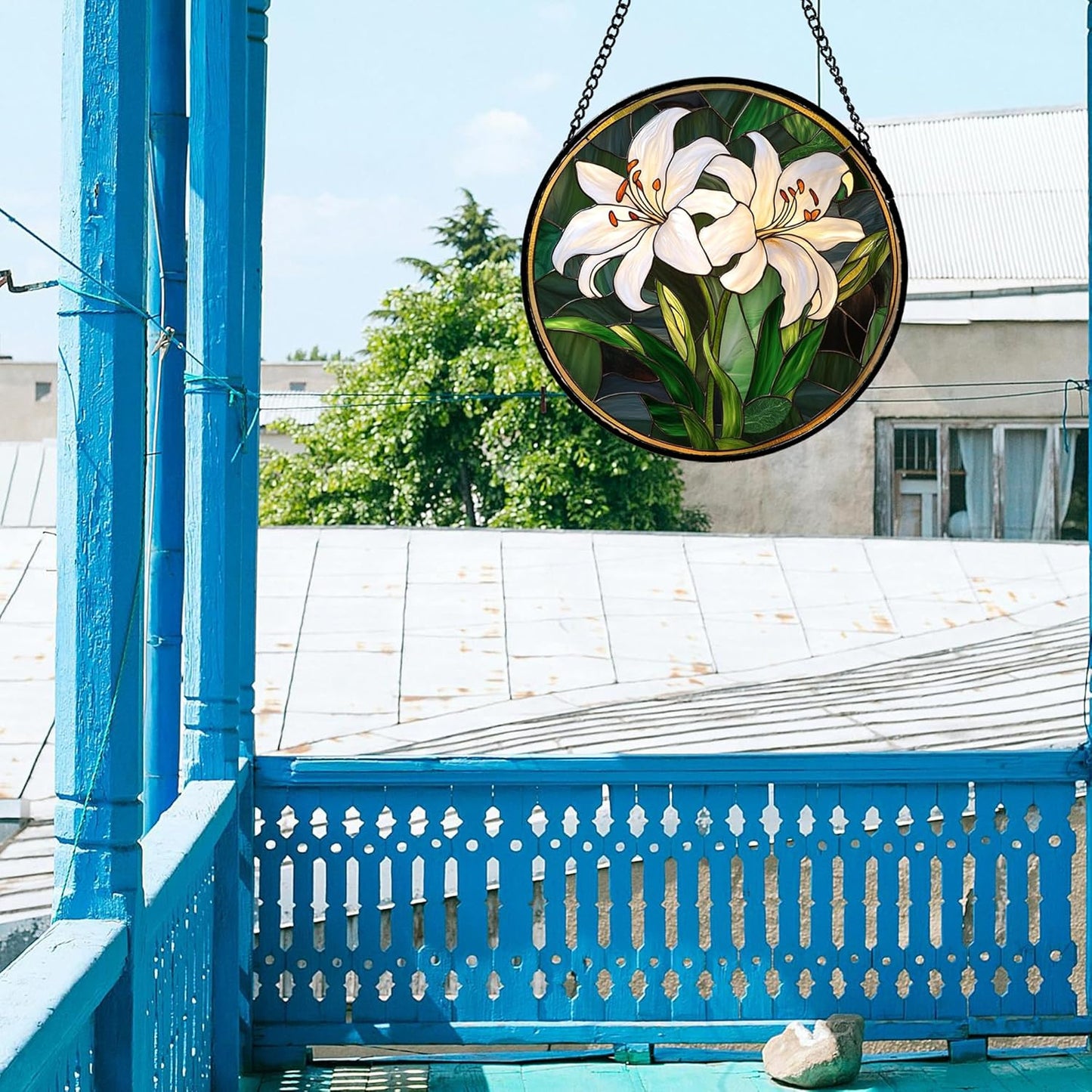 Stained Glass Window Hanging, White Lily Suncatcher for Door Garden Patio Birth Flower Green Plant Sun Catchers Decor Christmas Mother's Day Birthday Gifts for Women Mom Nana Friend 15 in