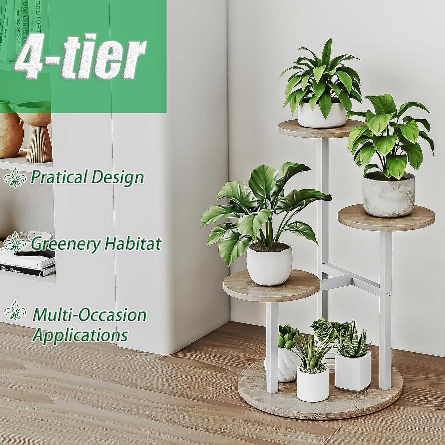 Plant Stand Indoor 4 Tier 5 Potted Multiple Flower Pot Holder for Patio Garden Balcony Living Room Corner (4 Tier White+Sonoma Oa)