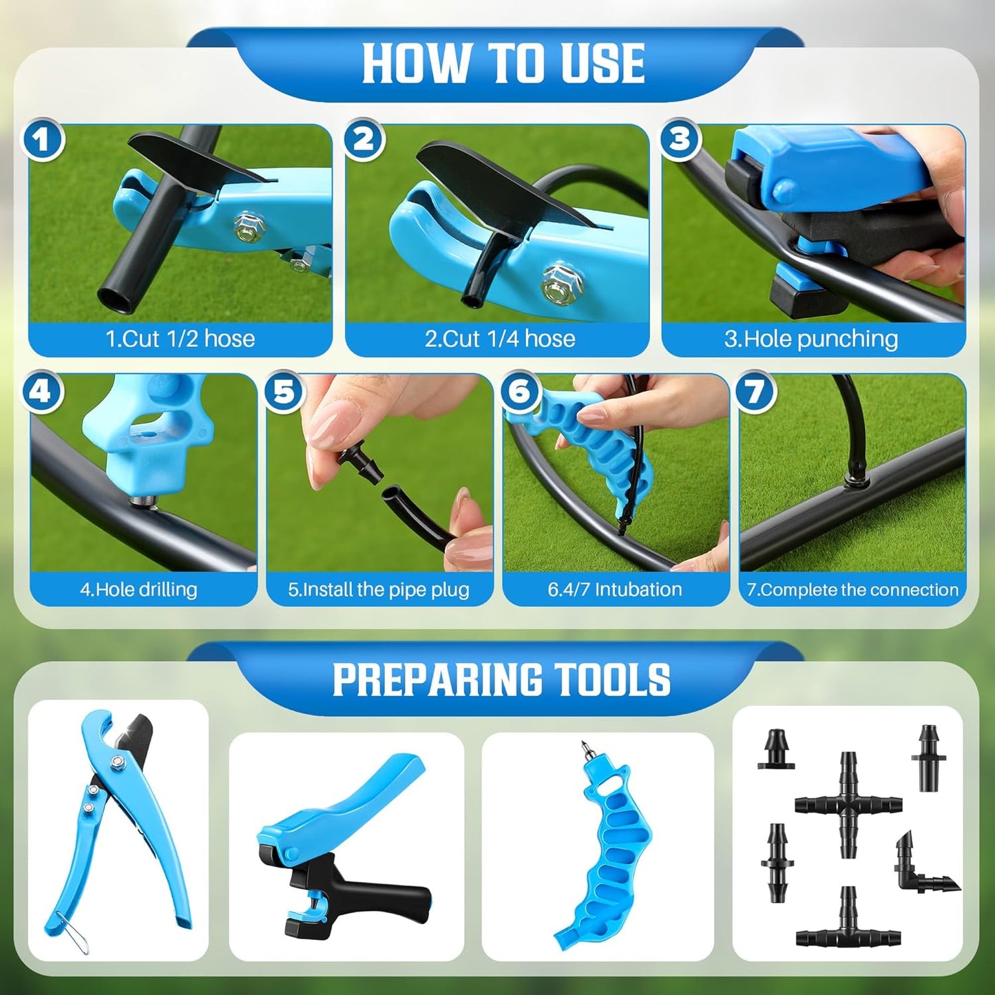 Feekoon Drip Irrigation Punch Hole Tubing Cutter Tools with Barbed Connectors, 2-in-One Drip Tubing Hole Punch for 1/4 Inch Fitting 16 20 25 mm PE Pipe and Emitter(115 Irrigation Plugs)