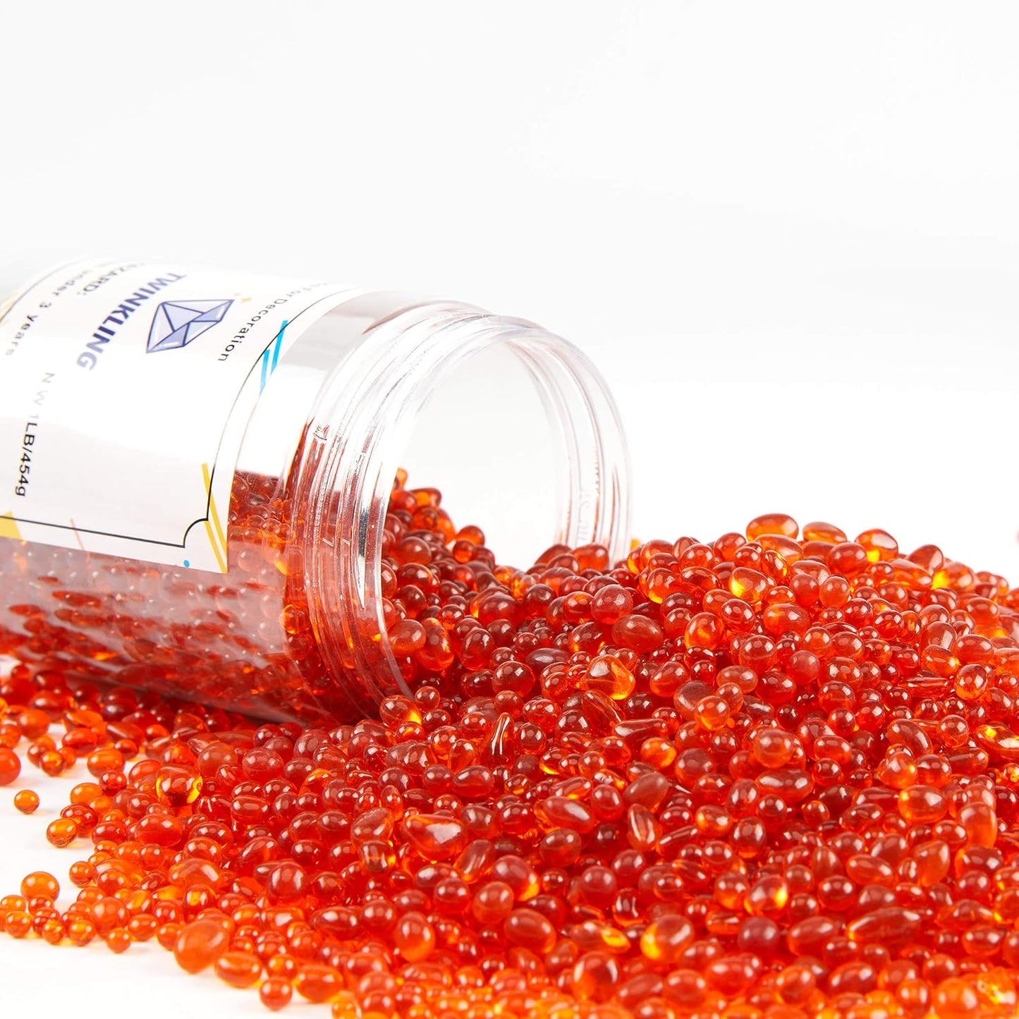 TWINKLING High Luster Round Fire Glass Stones,Glass Marbles Pebbles,Glass Beads Gems for Fire Pit Vase Fillers Crafts Aquarium Garden Decoration,3-6mm,1-Pound Jar (Orange Red)