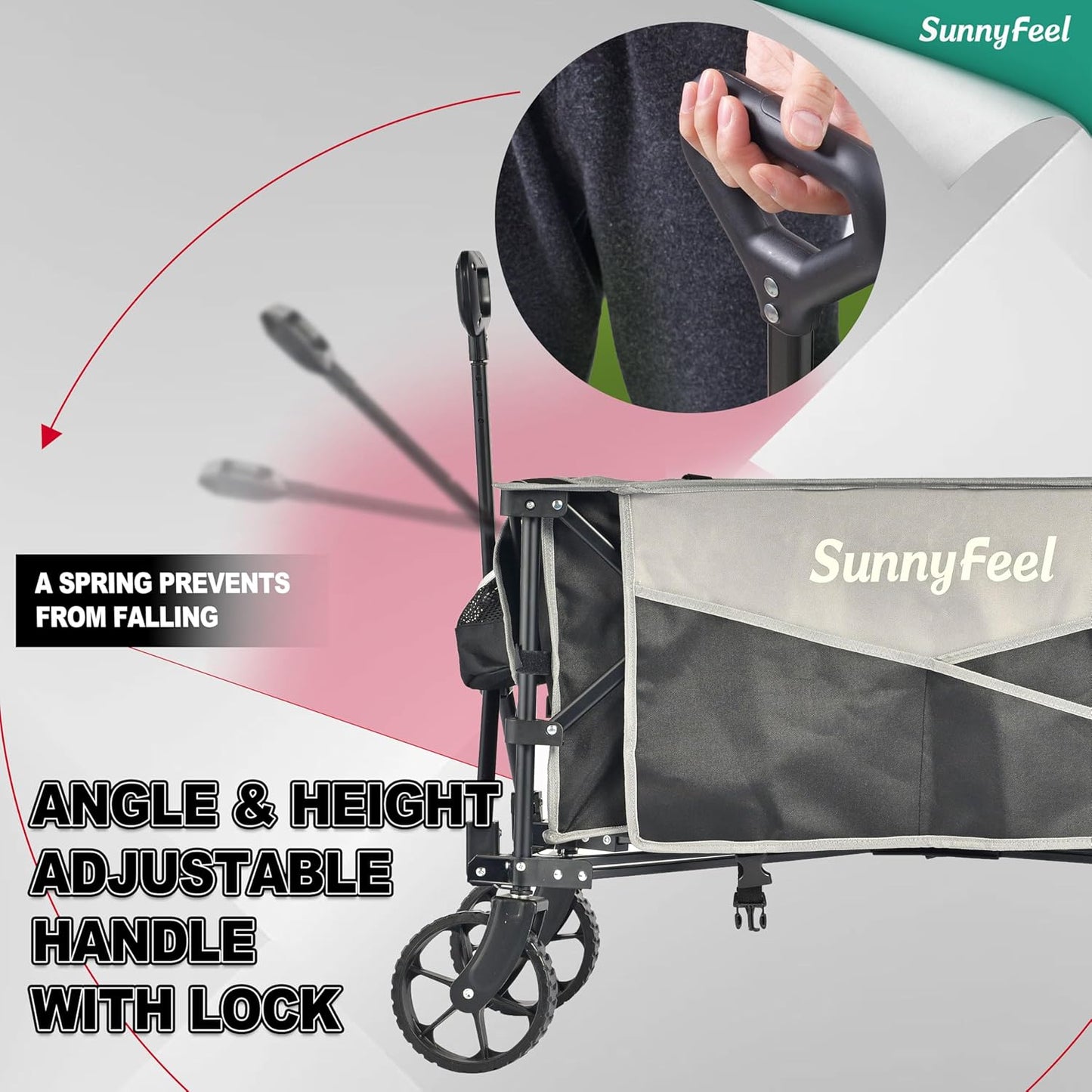 SunnyFeel Heavy Duty Collapsible Outdoor Utility Wagon Cart 400LB Capacity Adjustable Handlebar,Foldable Beach Wheels Stable Durable Oxford Fabric for Shopping Garden Camping (Black & Grey)
