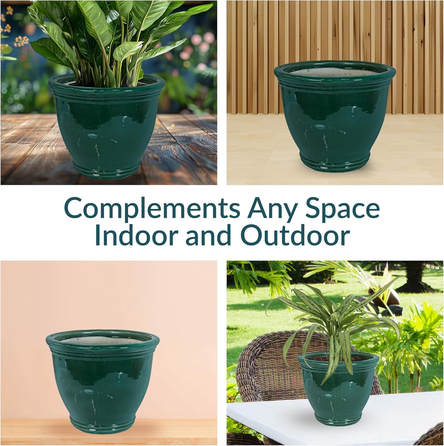 Sunnydaze Studio Large Ceramic Plant Pot - Round Outdoor Glazed Ceramic Planter Pot with Drainage - Dark Green - 15 in