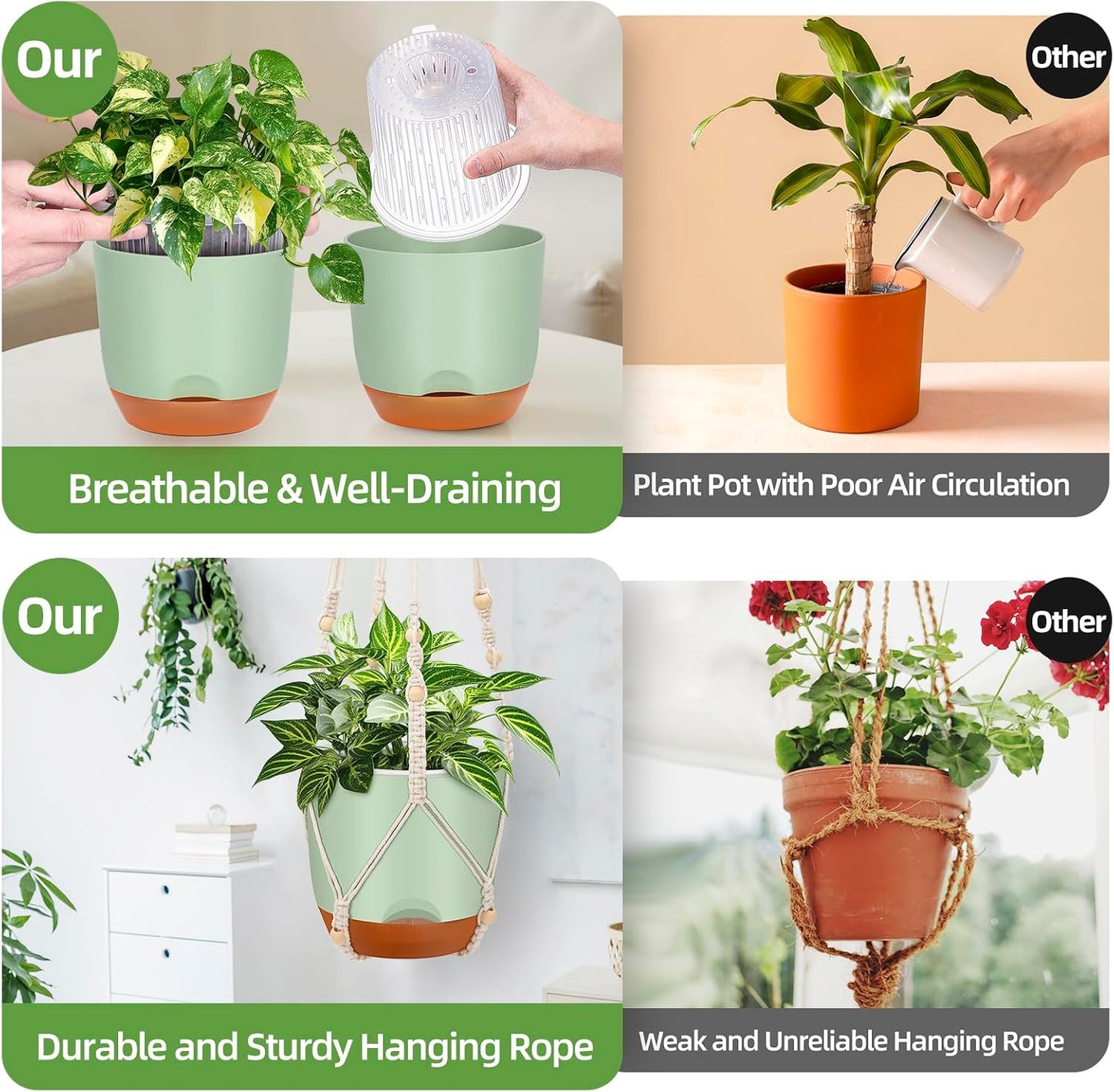 2-Pack 7.2-Inch Self-Watering Hanging Planters for Indoor & Outdoor Plants,34-Inch macrame hanger plant pots indoor with drainage,Small Hanging Planters & Baskets in Green,With two sets of hooks