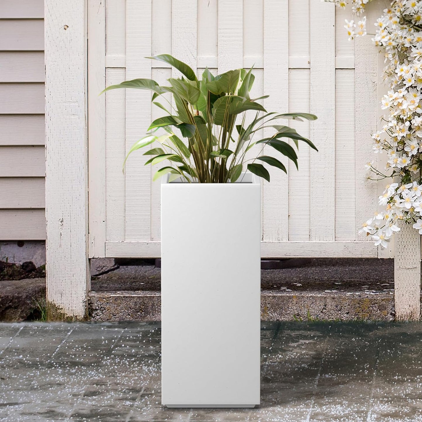 Kante 23.6" H Tall Rectangular Concrete Planter, Modern Square Diameter Plant Pot with Drainage Hole and Rubber Plug for Indoor Outdoor Home Patio Garden, Pure White
