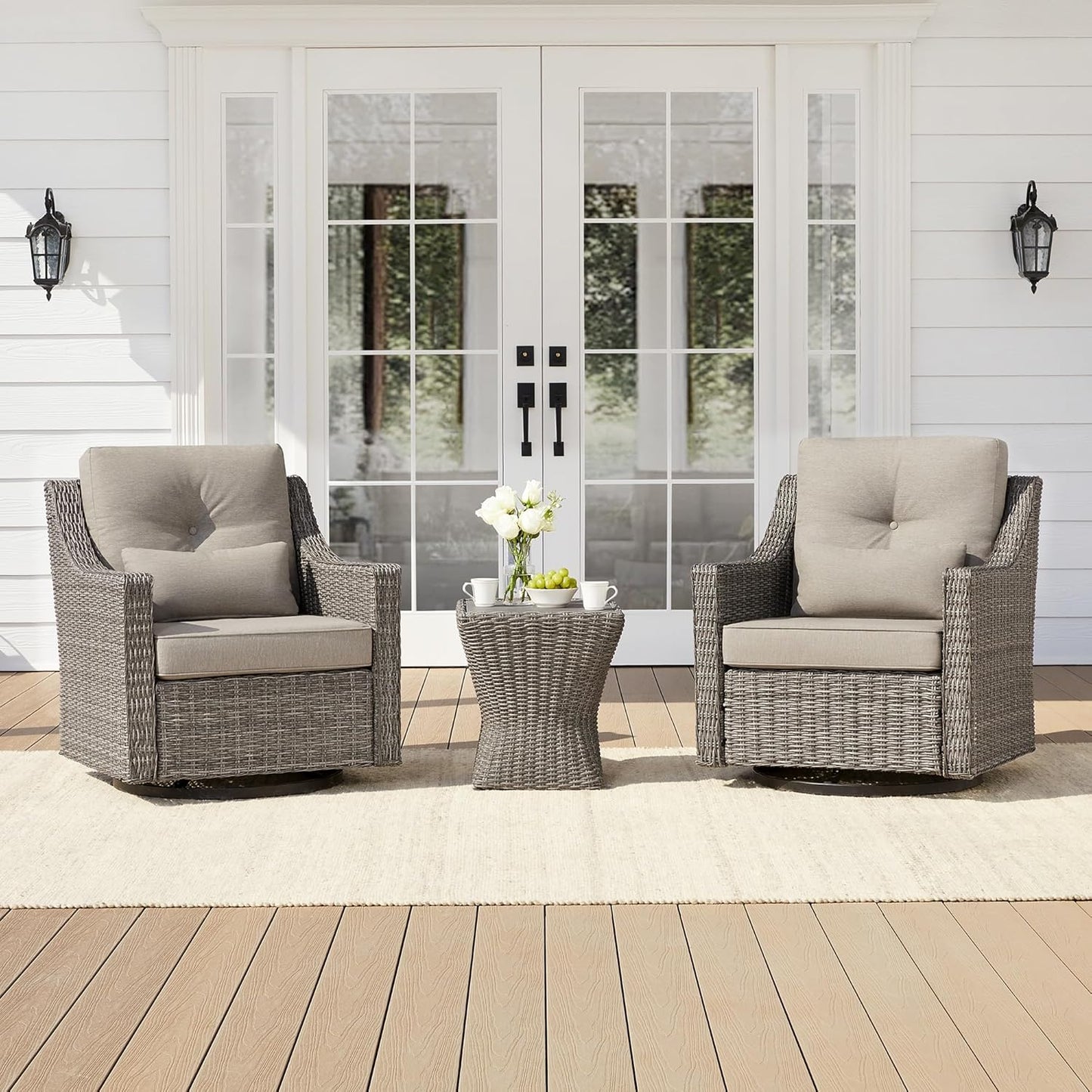 CHITA 3 Pieces Wicker Patio Bistro Set, Outdoor Furniture Set with 2 Pieces Rattan Rocking Swivel Chairs, Thickened Cushions and Side Table