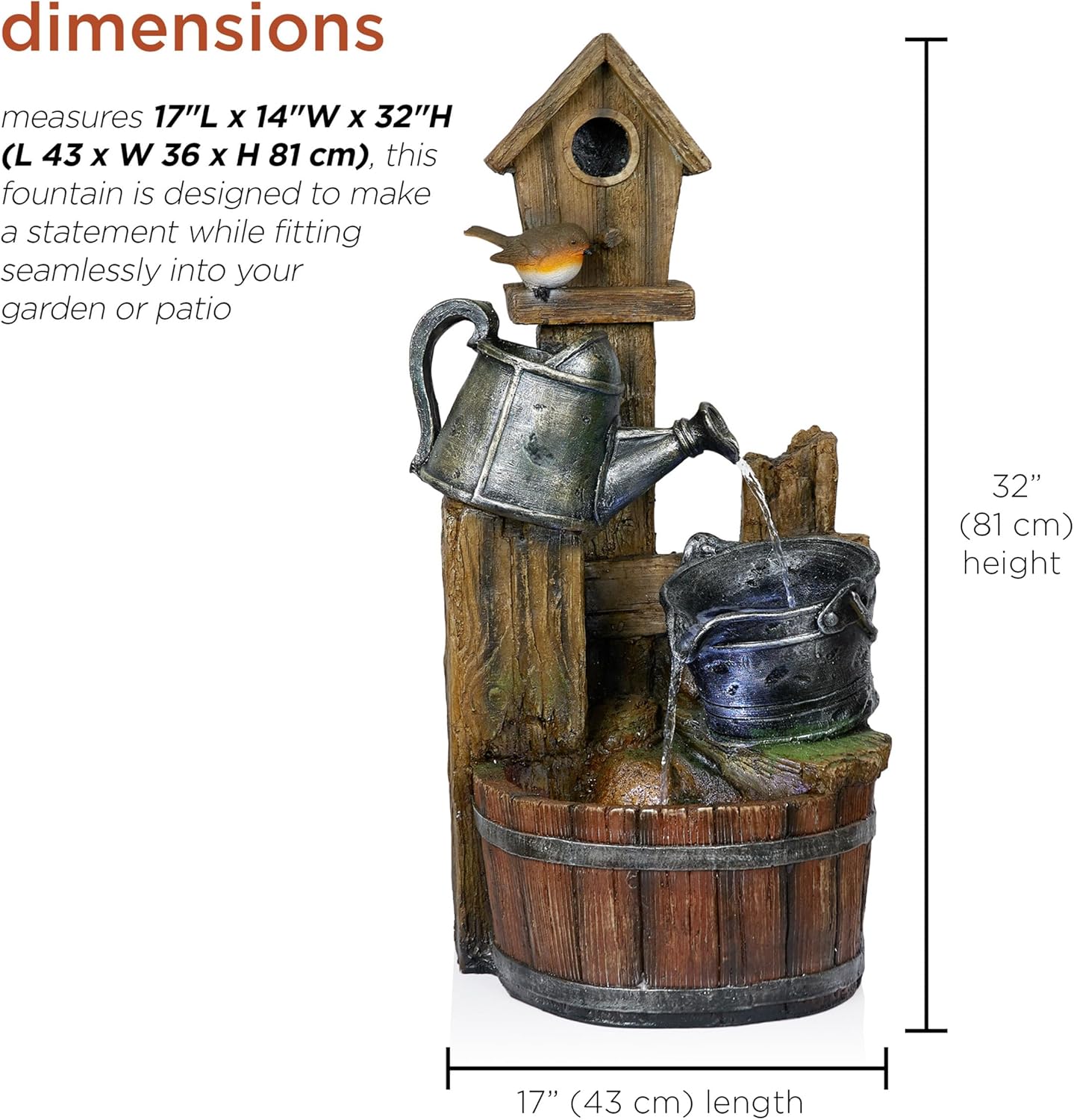 Alpine Corporation TZL280 Watering Can Barrel Birdhouse Fountain w/White LED Lights, Stylish Décor for Garden & Patio, 32" H